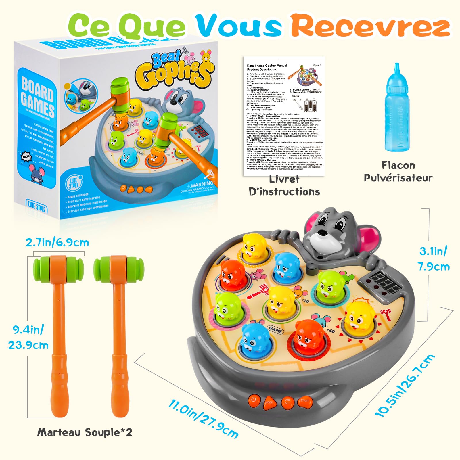 YOOHBERRYS Jeu de Taupe, Jeu de Marteau pour Enfants, Marteler des Jouets, Jouet de Whack avec 5 Modes, 9 Morceaux de Musique, 2 Marteaux, Jeux Montessori pour Les Bébés de 3-6 Ans