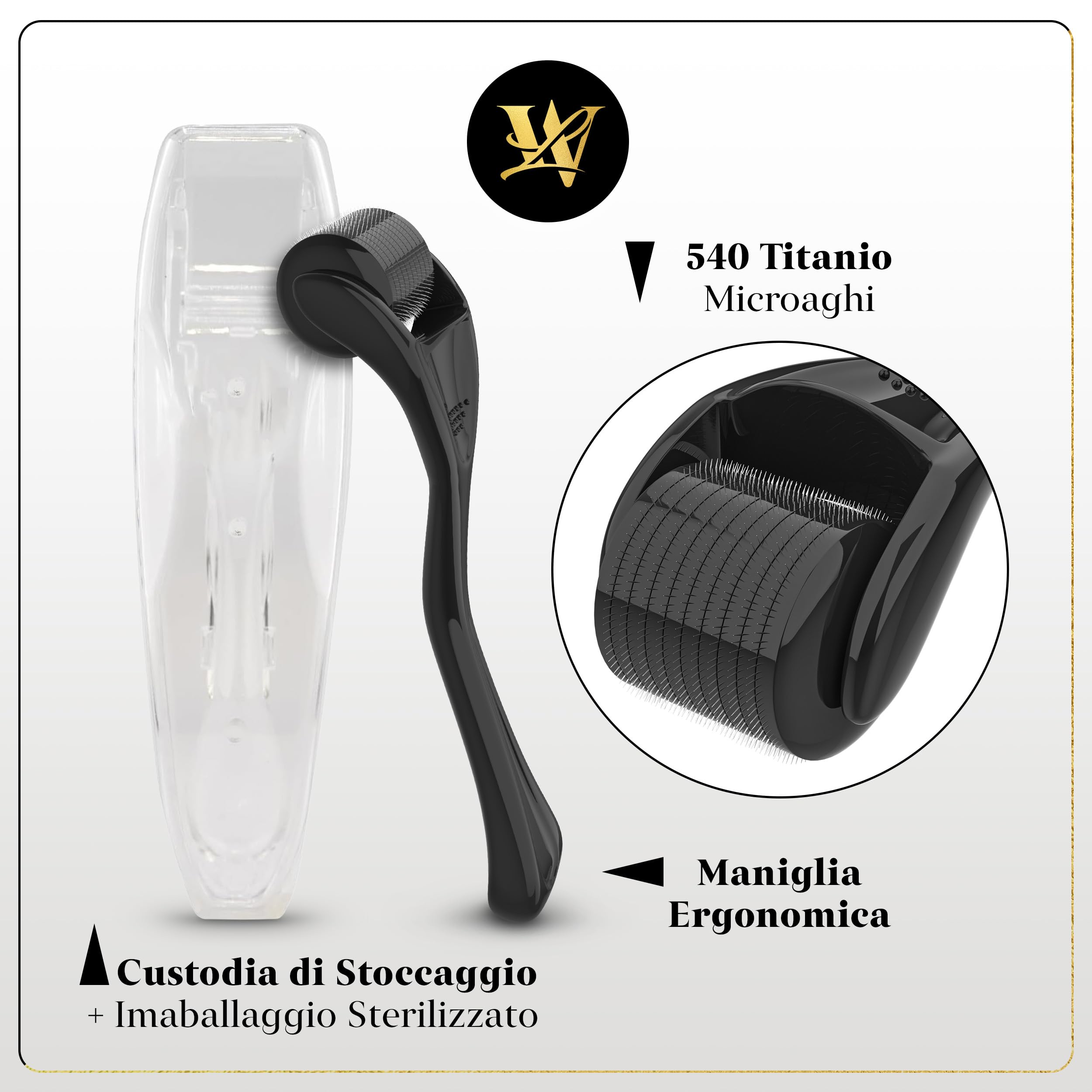 Derma Roller 0,5mm per pelle, dermaroller capelli e barba - Rullo microneedling in titanio per viso