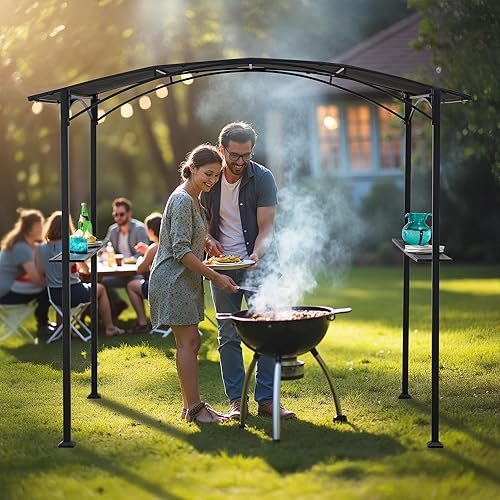 Miniatura 2 de Sunjoy Gazebo para parrilla de 5 x 8 pies, marco de acero negro, cenador superior suave con toldo de arco con estantes para actividades al aire