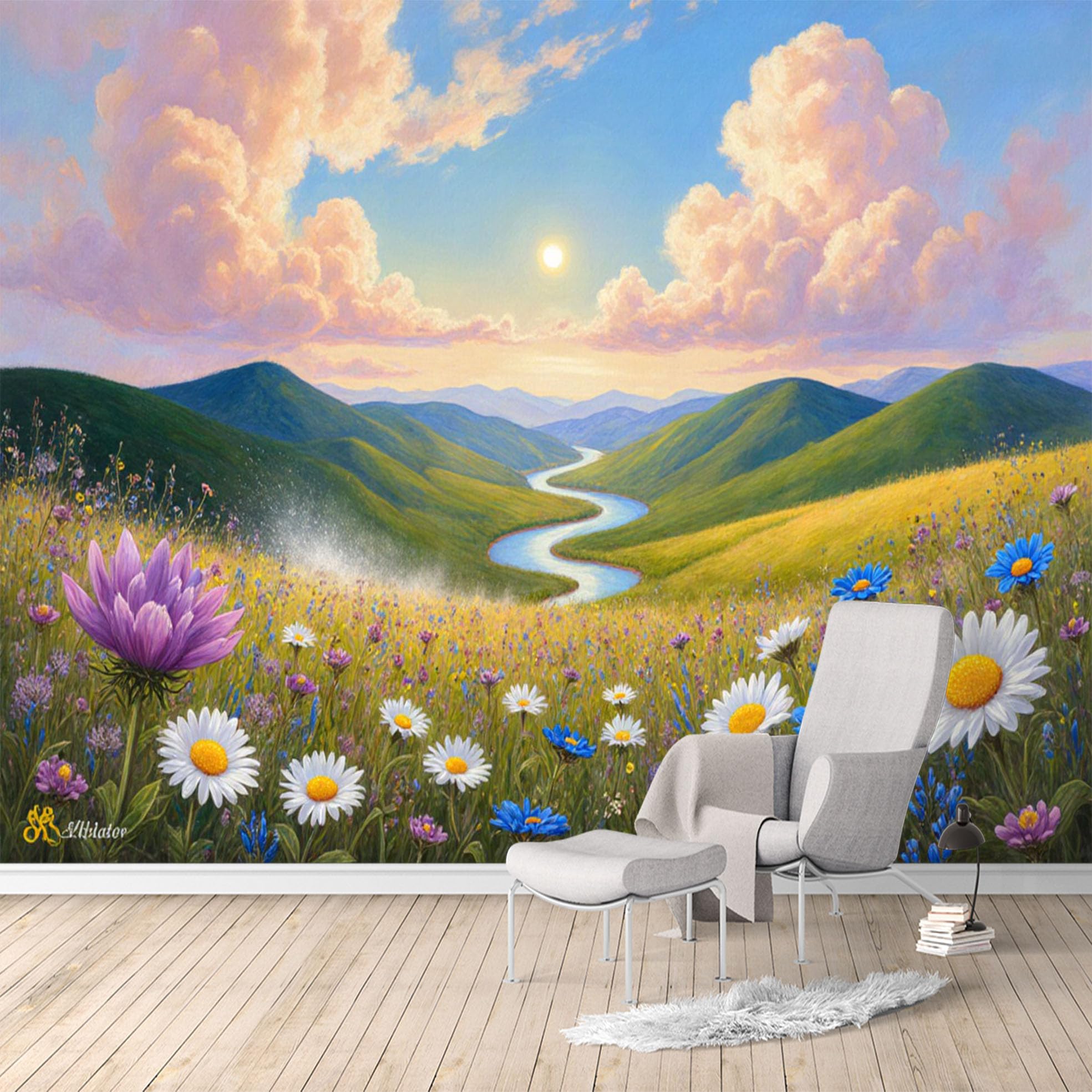 Custom Size Wall Murals, Serene Valley River & Wildflower Meadow Sunrise, SelfAdhesive Water Activated Removable Wall Covering, Large Photo Wallpaper for Living Room Bedroom Office