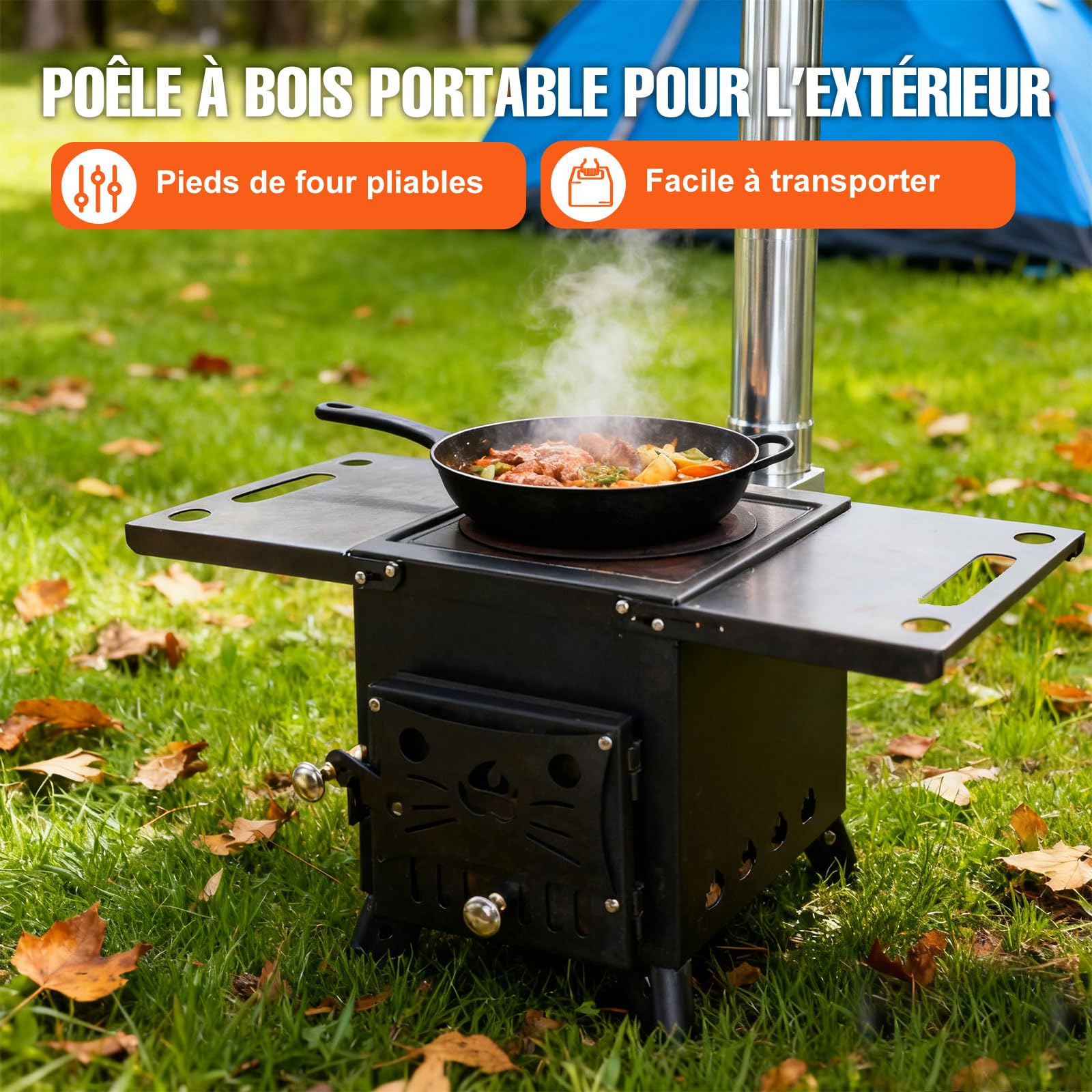Poêle à Bois à Double Paroi, Pieds Démontables, Acier Carbone | 3 Tuyaux, avec Crochet et Gants, Réchaud Camping Portable pour Chauffage, Barbecue, Camping, Randonnée, Chasse