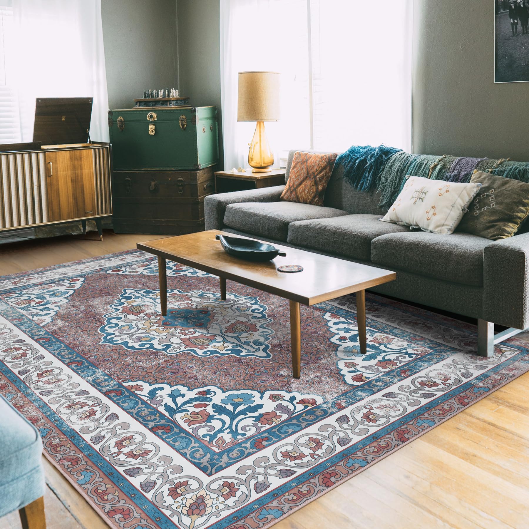 Living Room Rug 5x8 Area Rug for Bedroom Antique Red Floral Rug with Soft Memory Foam Layer Flower Rug No-Pile Carpets for Nursery Room Kids Room Dorm