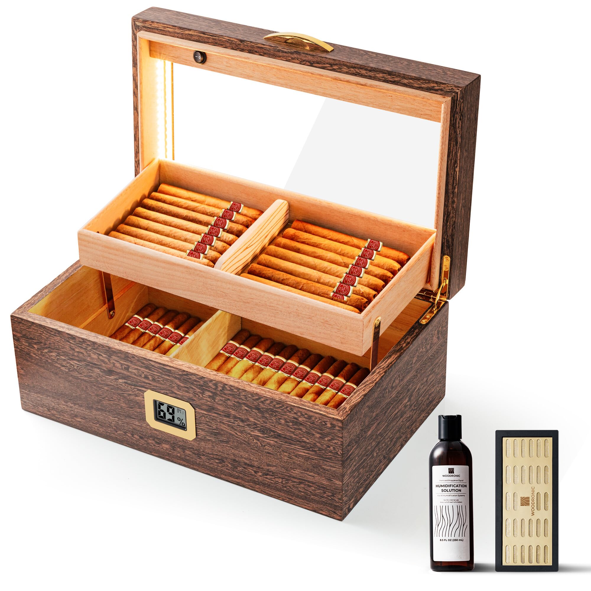 Woodronic Zigarren Humidor Box mit LED Beleuchtung für 50-100 Zigarren Desktop Zigarrenhalter mit Digital Hygrometer Luftbefeuchter Humidor Lösung Spanische Zedernfutter Tablett und Trennwände