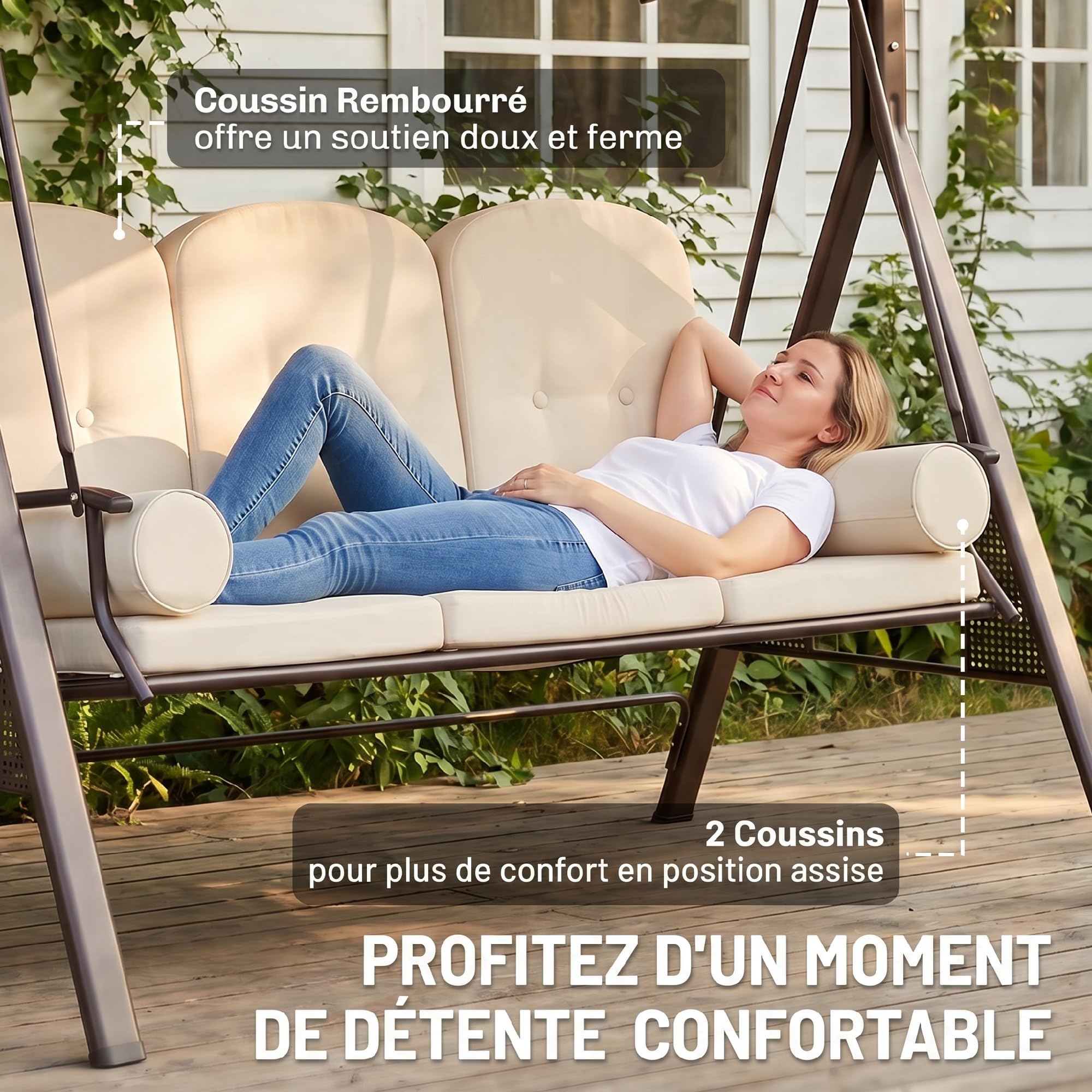 Outsunny Balancelle de Jardin 3 Places Grand Confort Toit Inclinaison réglable Coussins Plateaux rétractables Beige
