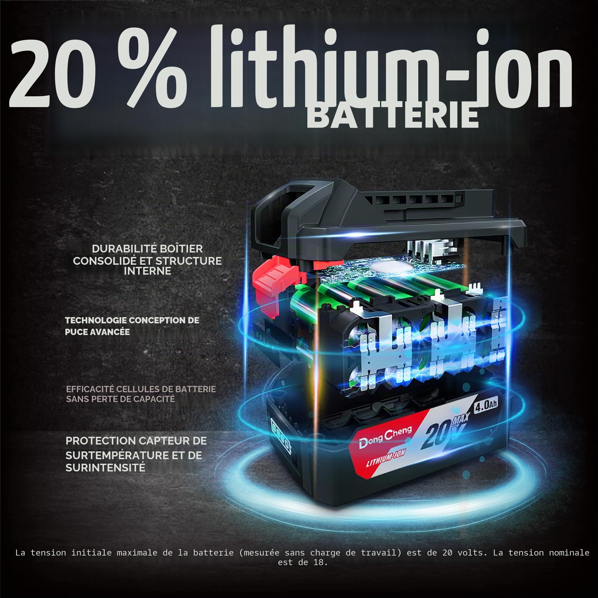 DongCheng 18V (20V MAX) Batterie, Batterie lithium-ion 4,0 Ah haute capacité, compatible avec les outils électroportatifs DongCheng 18V (20V MAX), numéro de modèle FFBL2040