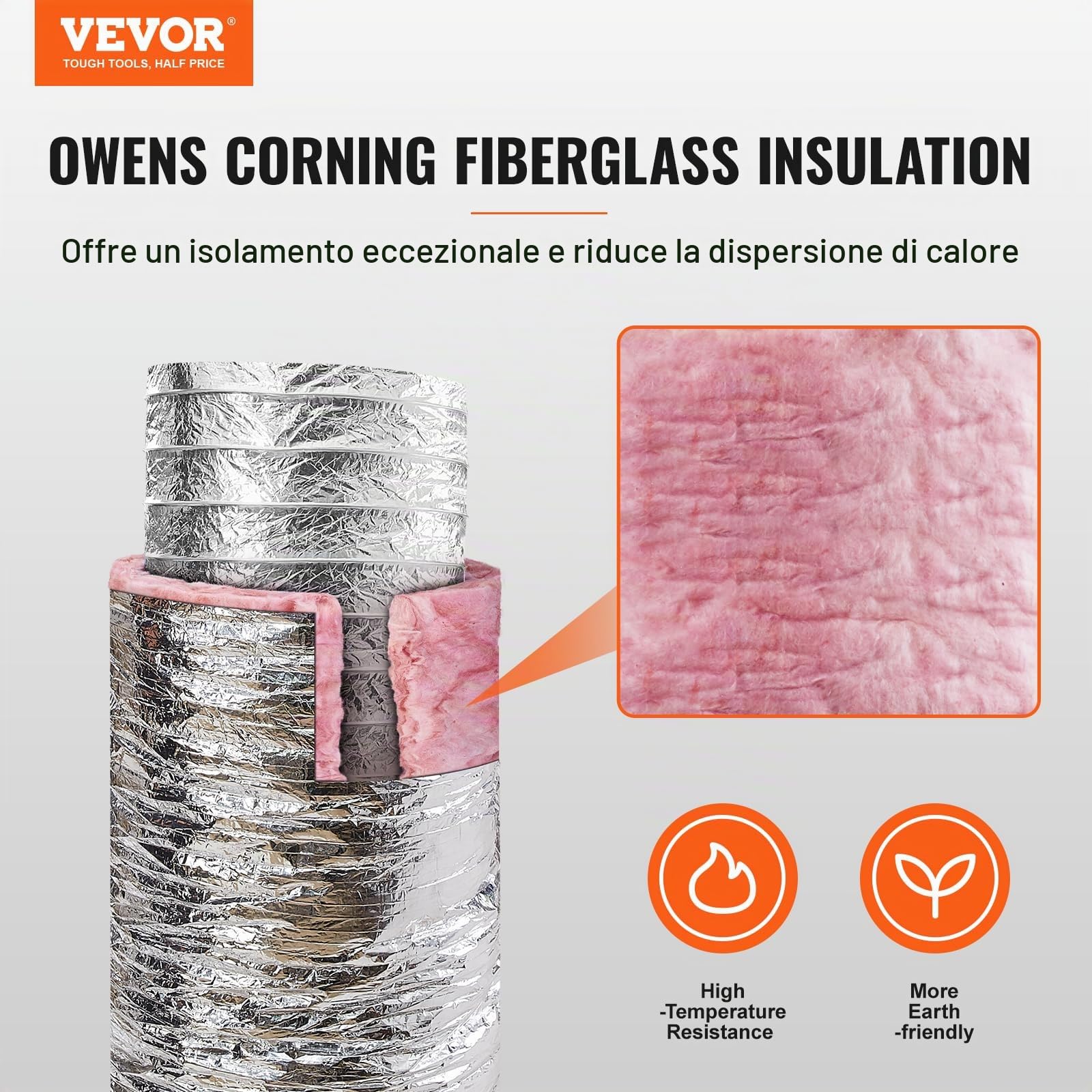 VEVOR Tubo Flessibile Coibentato 108x7620 mm Condotto di Sfiato Termoisolante in Alluminio PET con 2 Fascette Stringitubo Protezione a Tre Strati per Ventilazione, Riscaldamento, Raffreddamento, R-6.0