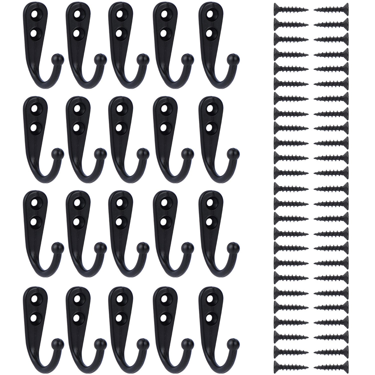 EBOOT 20 Pieces Wall Mounted Hook Robe Hooks Single Coat Hanger and 50 Pieces Screws (Black)