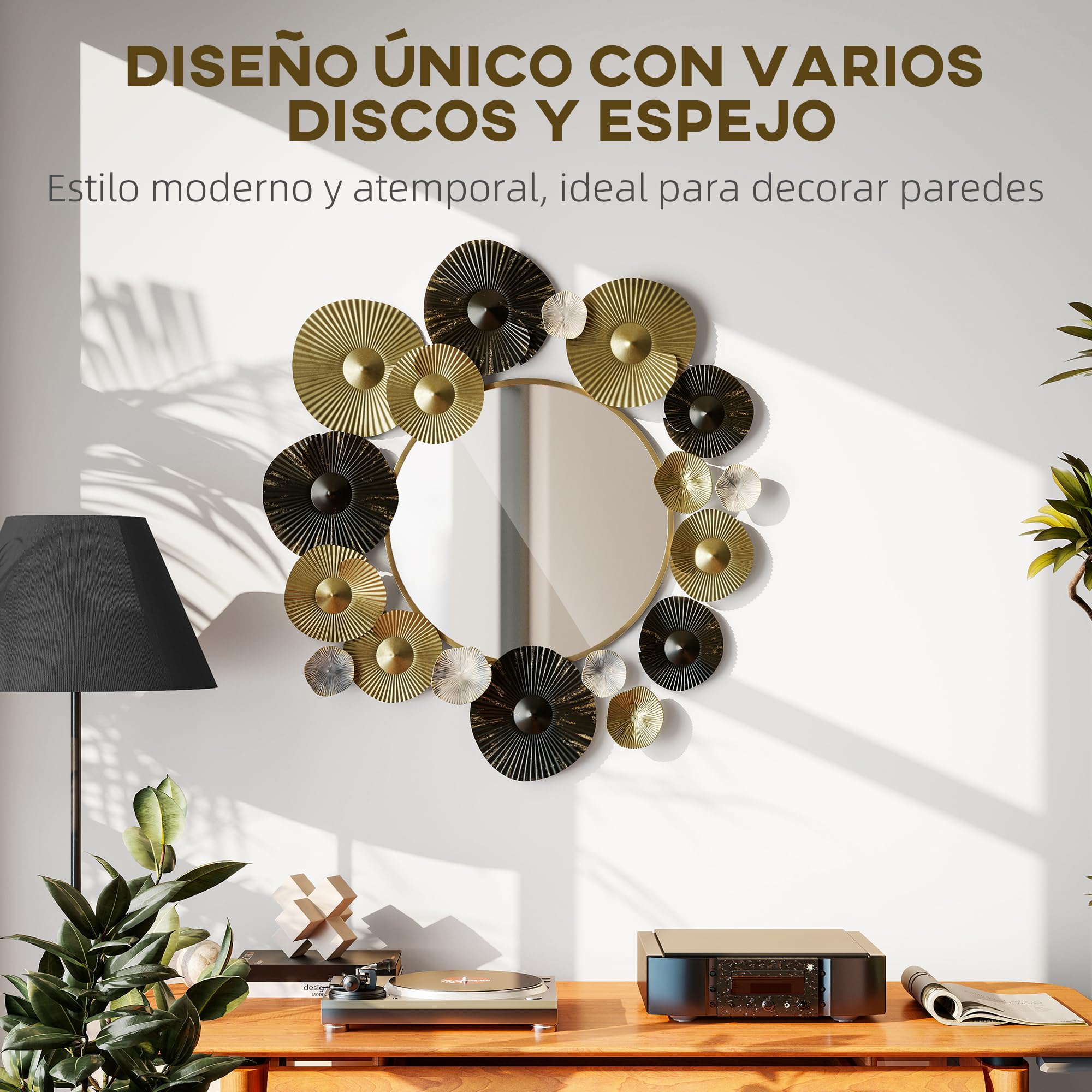 HOMCOM Espejo Decorativo de Pared, Metálico, 84x84 cm, Dorado y Negro | Adorno de Pared, con Espejo Decorativo, para Salón, Dormitorio, Pasillo