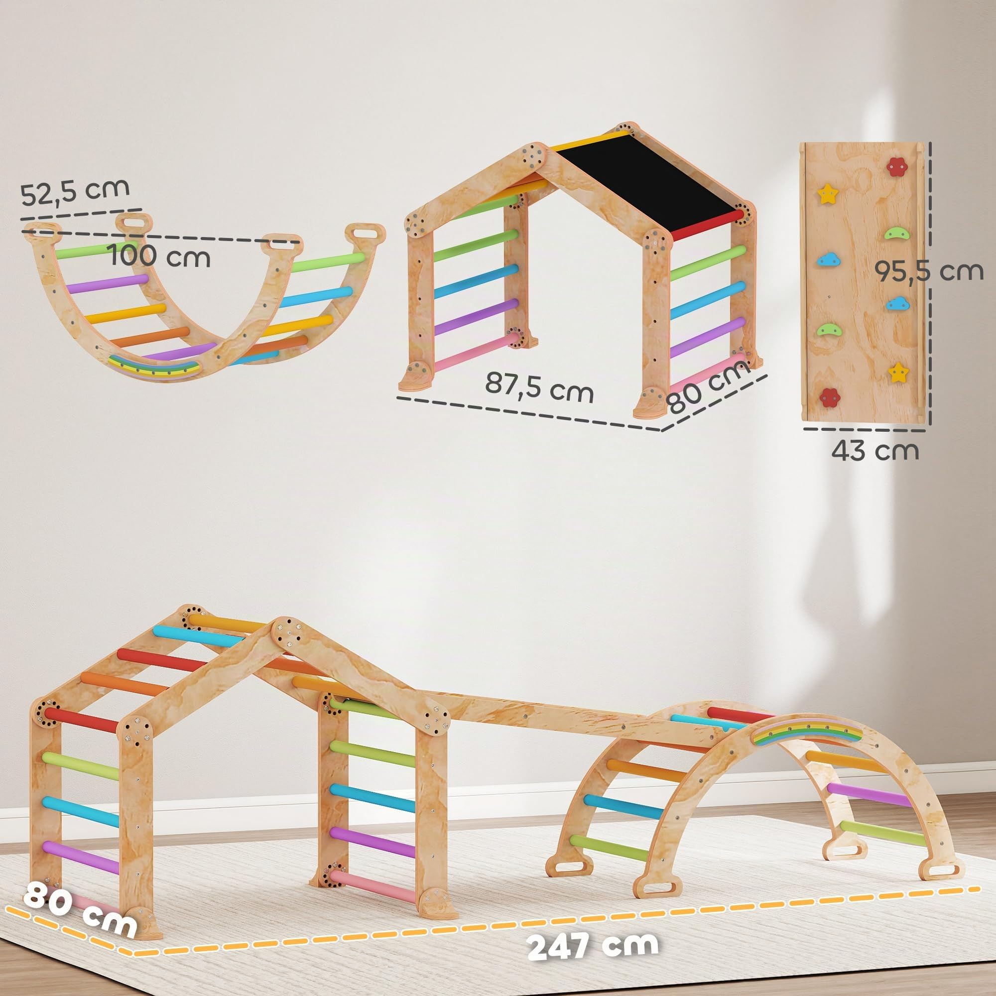 AIYAPLAY Triangle d'escalade Enfant 9 en 1 en Bois 18-48 Mois Multicolore | Rampe Réversible, Toboggan, Bascule, Structure d'Escalade, Charge Max. 50 kg