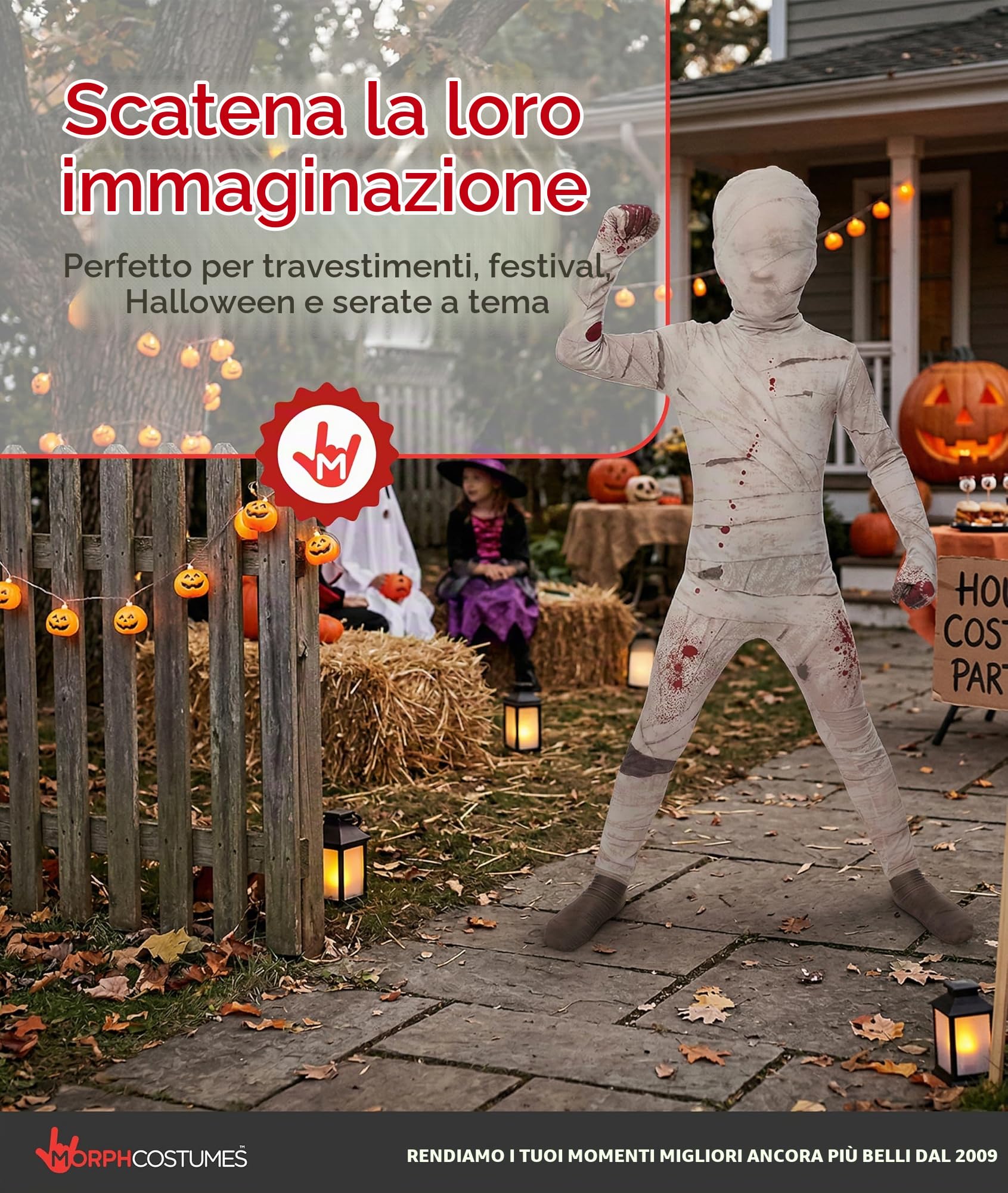 Moprhsuits - Costume mummia bambino, mummia bambino, mummia da bambino, costume da mummia per bambini, costume da mummia per bambini, travestimento di Halloween mummia, costume da bambino, taglia S, | Maglia, Pantaloni & Cappuccio, Stampa a Bende Bianche,