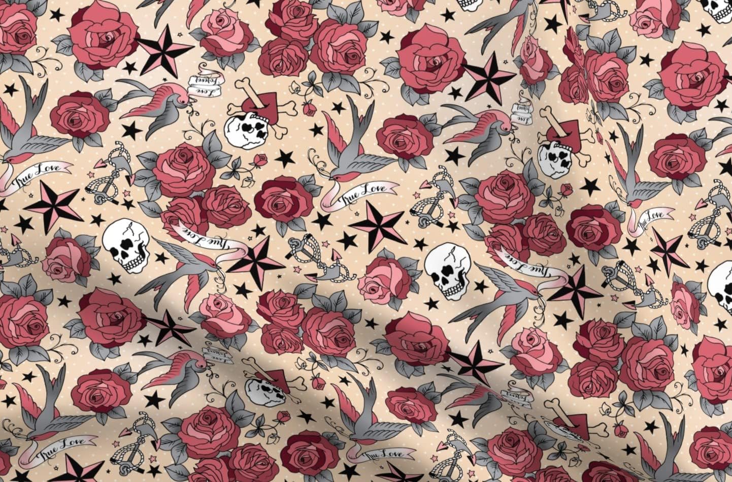 Spoonflower Fabric - Traditional Tattoo Roses Stars Skulls Birds Swallows Anchors Printed on Organic Cotton Sateen Fabric by The Yard - Sewing Quilting Apparel Home Decor