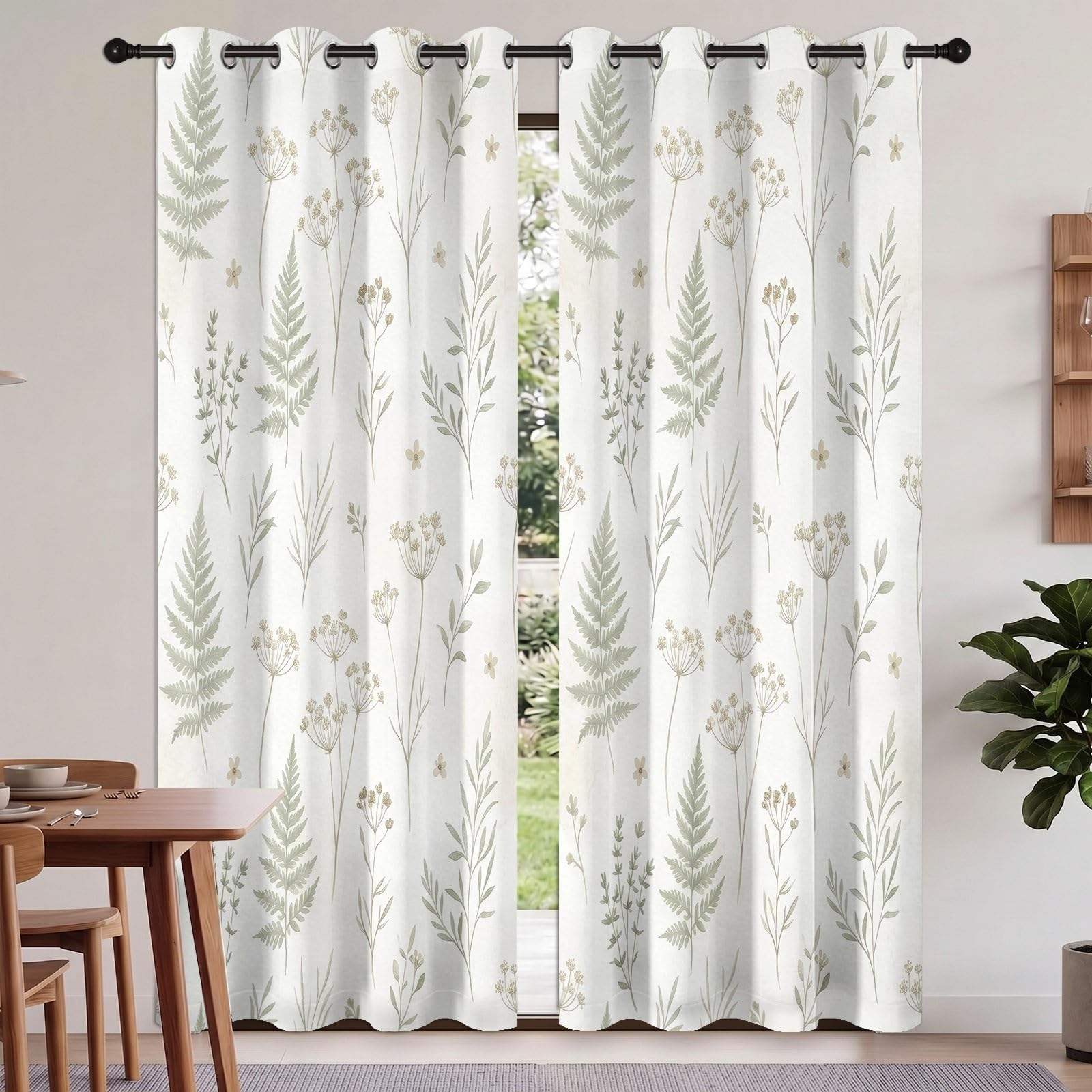 Französisch Landhausstil Verdunkelungsvorhänge, H200 x B70 cm Aquarell Pflanzen Farnblätter Blumen Vorhänge mit Ösen 2er Set für Schlafzimmer, Weiß Raumverdunkelung Fenstervorhänge für Wohnzimmer