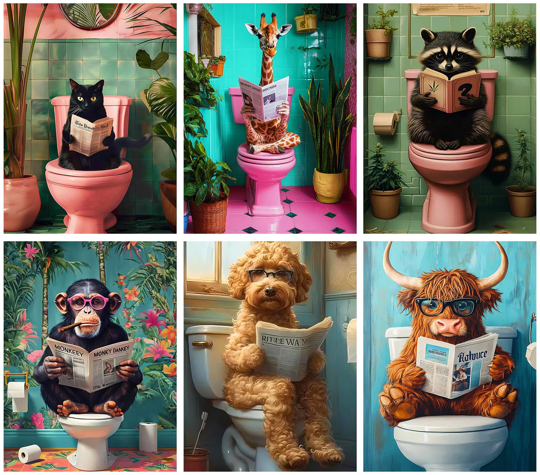 Axquilon Diamond Art Kits for Adults - 6 Pack Funny Animals Diamond Painting Kits for Adults, 5D Round Full Drill Gem Art, Paint by Diamonds Pictures