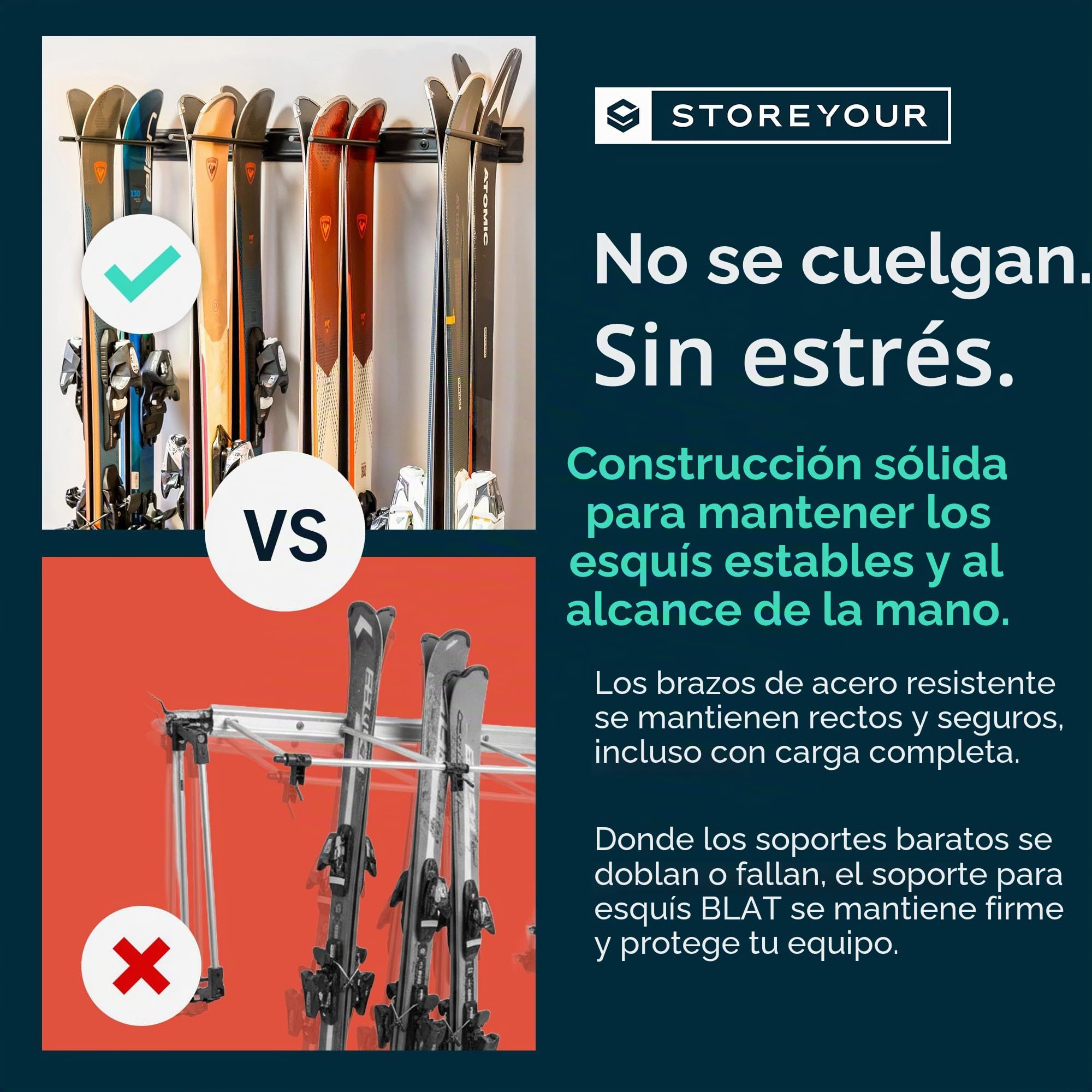 StoreYourBoard Bastidor para guardar esquís en la pared, capacidad para 8 pares, soporte de acero, Negro