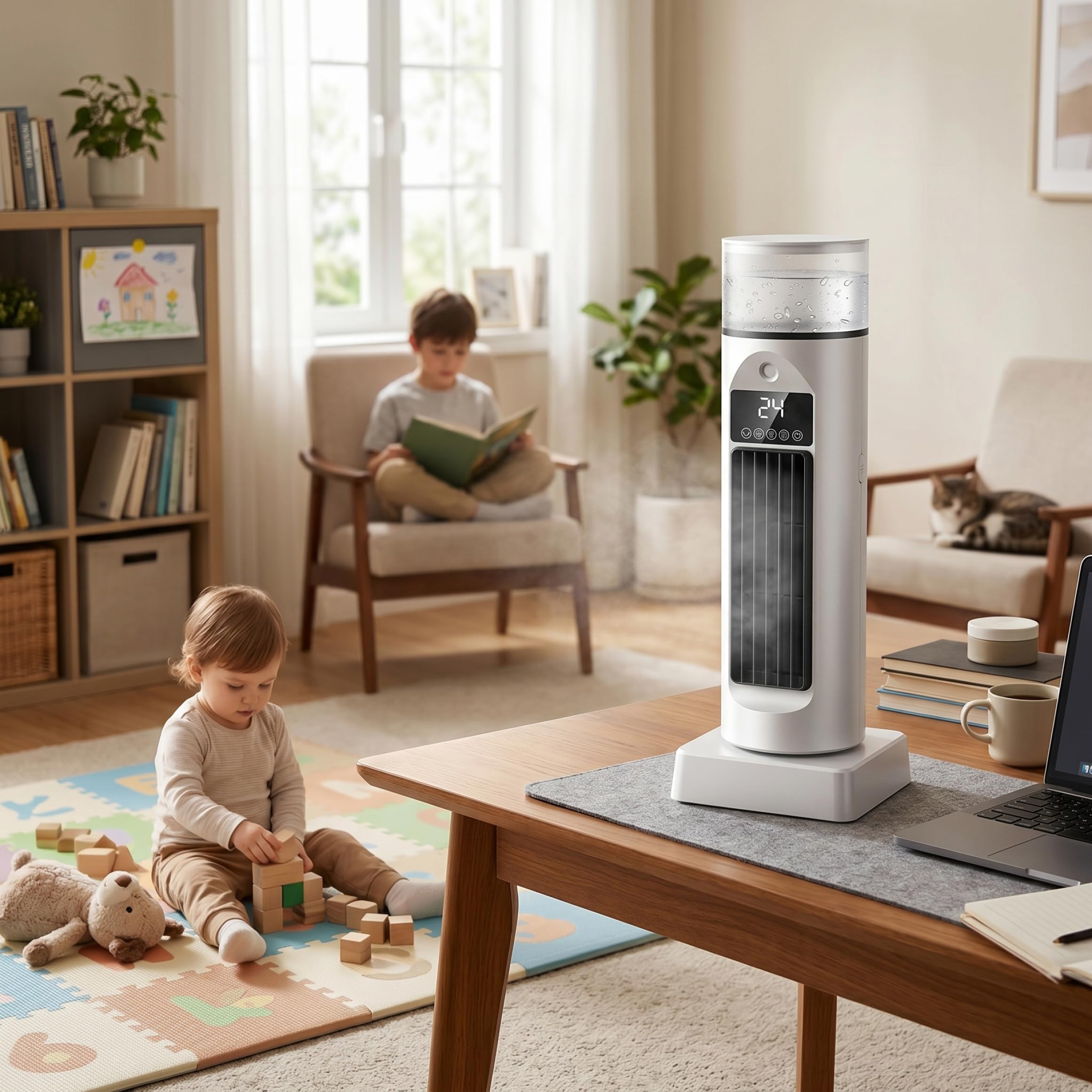 Ventilatore Torre di Raffreddamento, Ventilatore da Tavolo Oscillante Senza Pale a 6 Velocità con Umidificatore e Timer 6 Ore per Dormitorio Home Office, Bianco, 13, ×4, 7 Pollici Freddo per Vent
