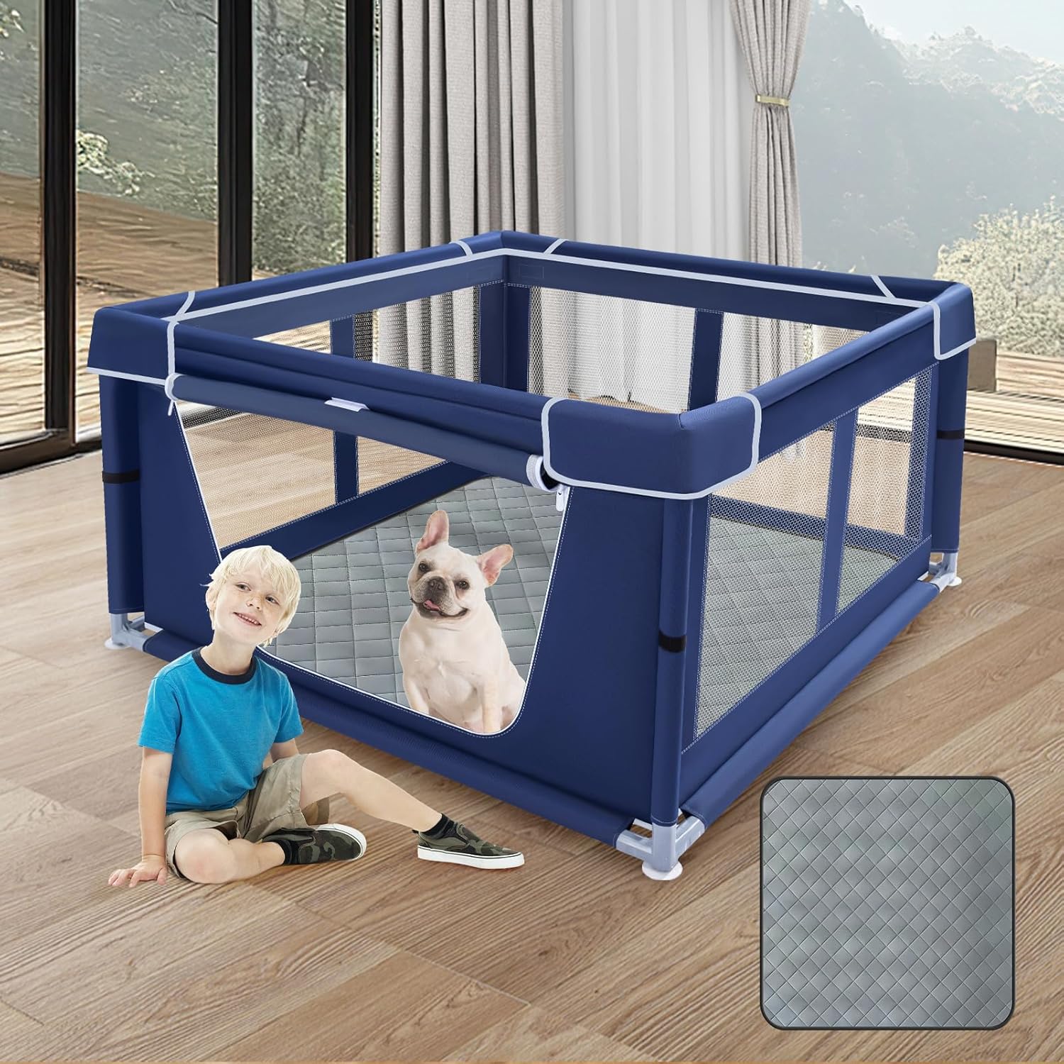 42x42 Inches Puppy Playpen with Dog Pads, Dog Playpen for Puppies or Small Dogs, Pet Playpen for Indoor & Outdoor, Sturdy Safety DogPen with Thickened Fabric, High-Strength Nylon Wire Mesh Blue 42X42X25.6 With Pad