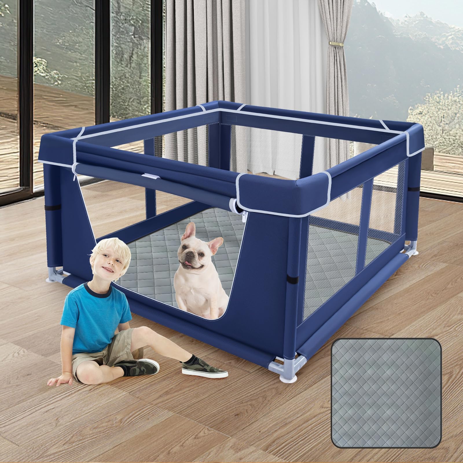 Photo 1 of XVISHX 42x42 Inches Puppy Playpen with Dog Pads, Dog Playpen for Puppies or Small Dogs, Pet Playpen for Indoor & Outdoor, Sturdy Safety DogPen with Thickened Fabric, High-Strength Nylon Wire Mesh