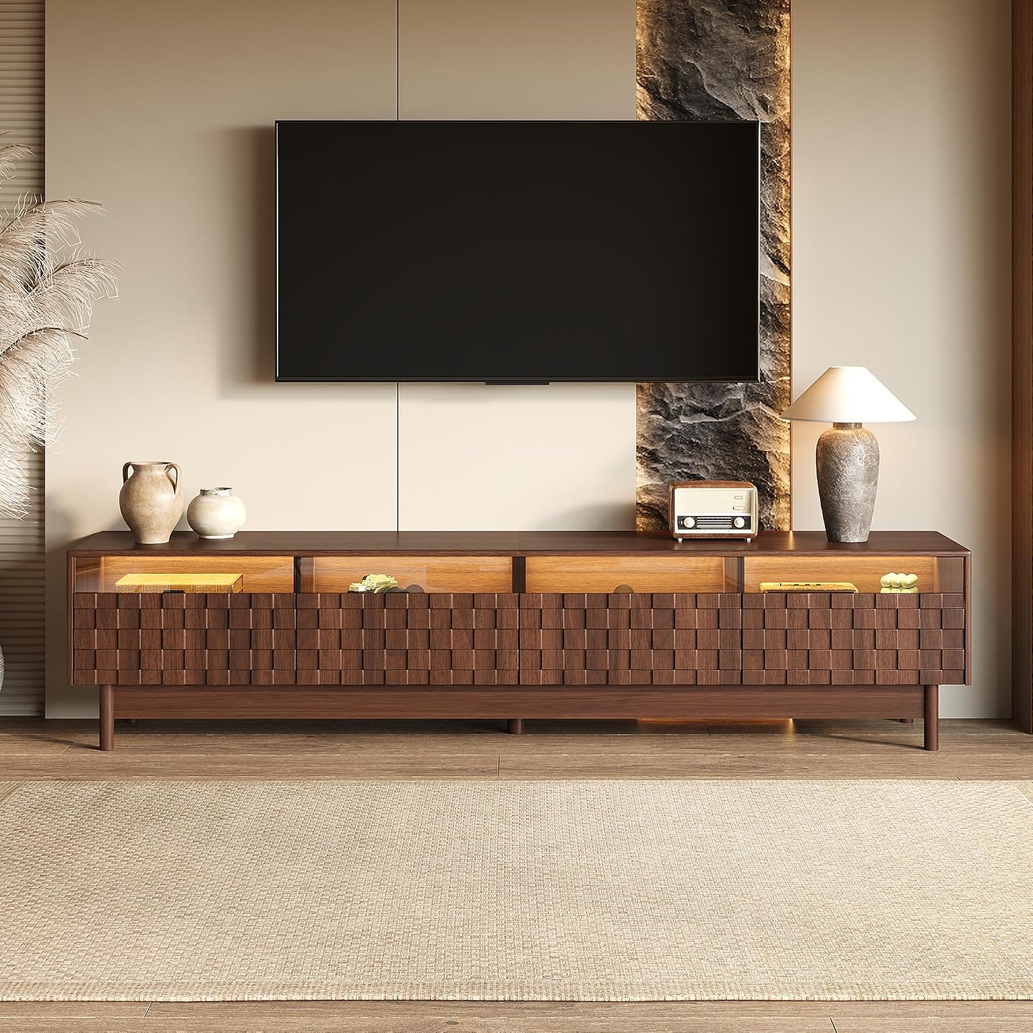 Virubi 78" Modern TV Stand Up to 85",with 4 Glass Drawers & LED Lights
