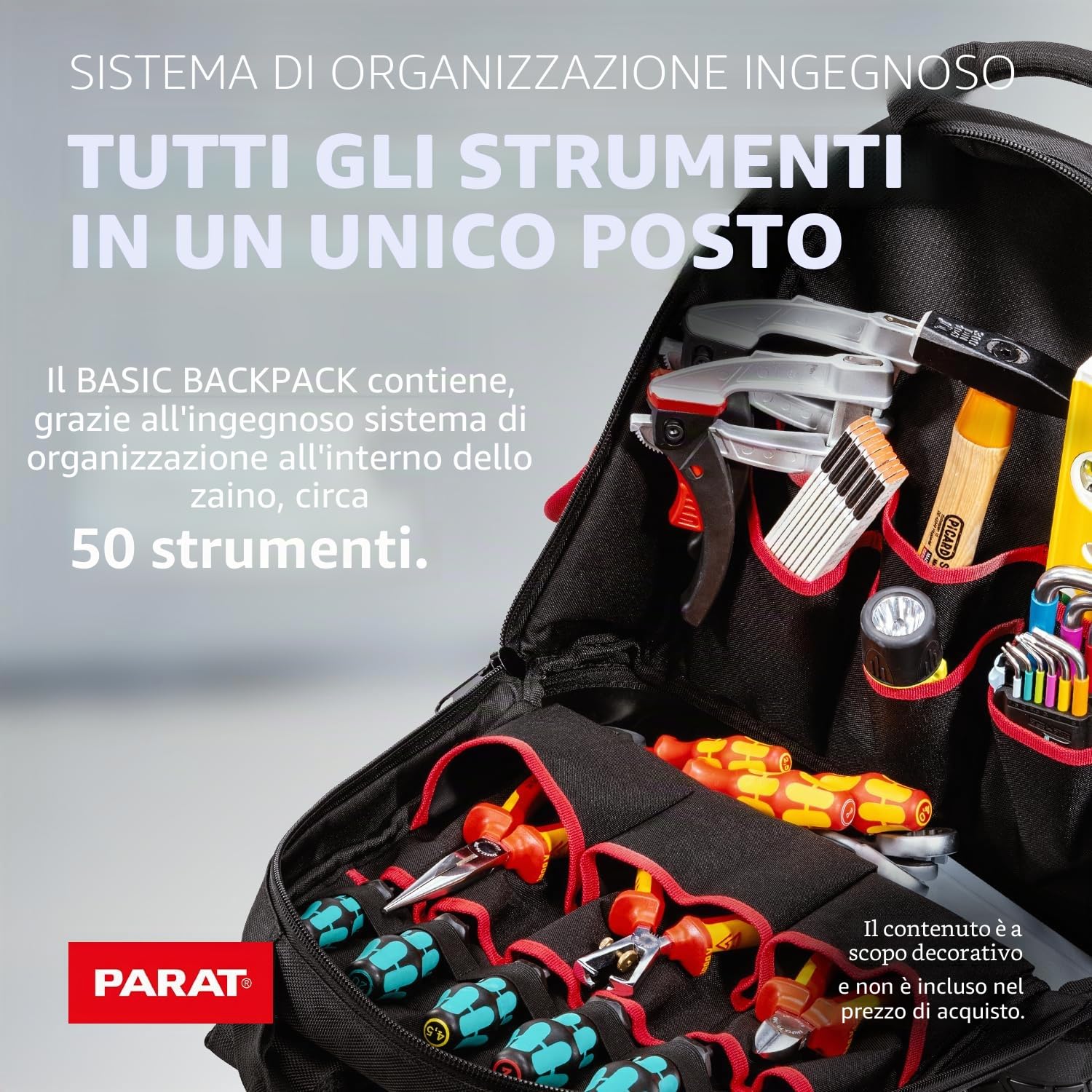 PARAT Basic, zaino per attrezzi da 23 l, per elettricisti, zaino in nylon resistente, con 15 scomparti e 6 passanti in gomma, zaino per elettricisti con fondo rinforzato