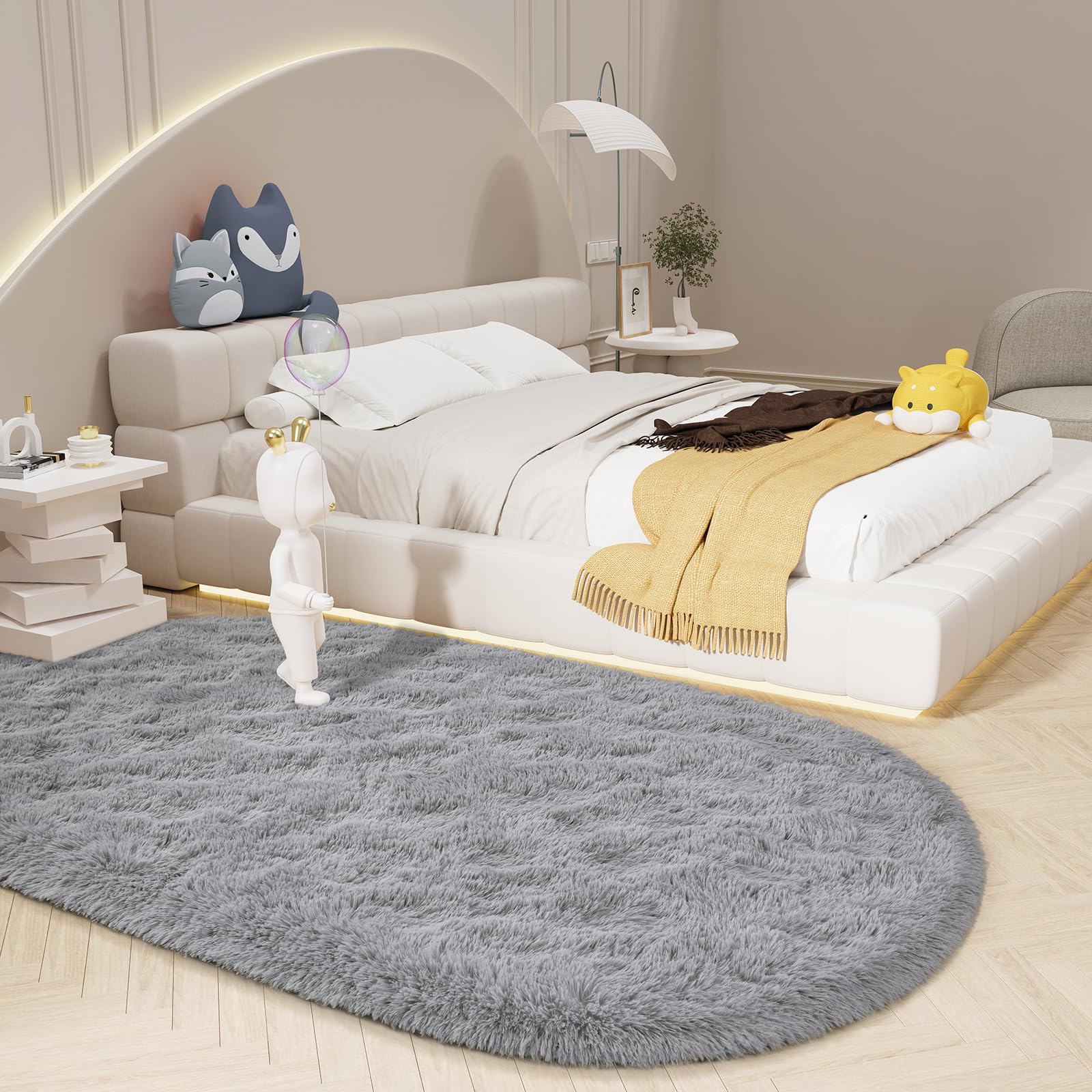 LOCHAS Bedroom Rug 3.3' x 6.2', Gray Fluffy Shaggy Area Rug for Bedroom Bedside, Soft Oval Throw Rugs Carpet for Kids Girls Nursery Living Room Home