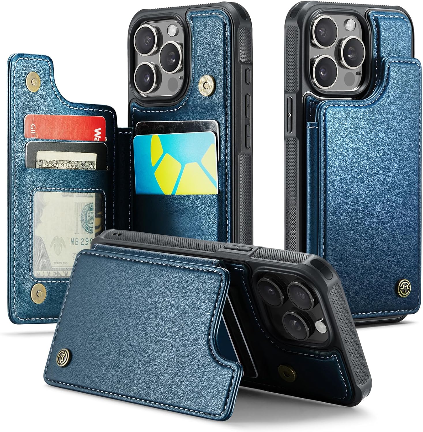 compatible with iphone 13 pro wallet case with card holder rfid blocking for women men, double magnetic clasp kickstand shockproof phone case fit for iphone 13 pro, blue iphone 13 pro - 6.1" blue