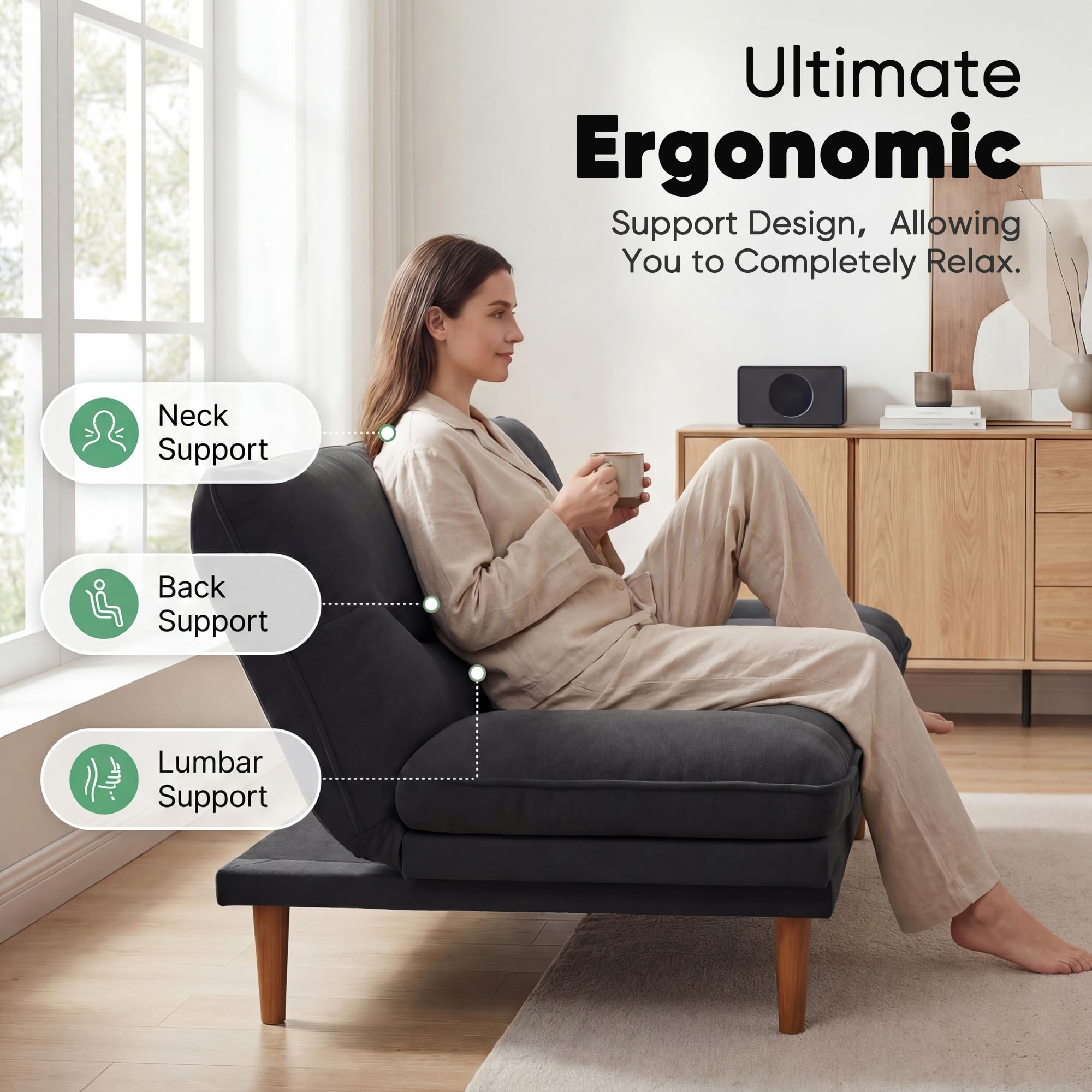Flamaker Futon Sofa Bed, 65'' Loveseat with Adjustable Armrest & Backrest | Sleeper Sofa with Wooden Frame, Modern Convertible Futon Couch for Small Spaces, Studio, Apartment, Guest Room | Linen, Black