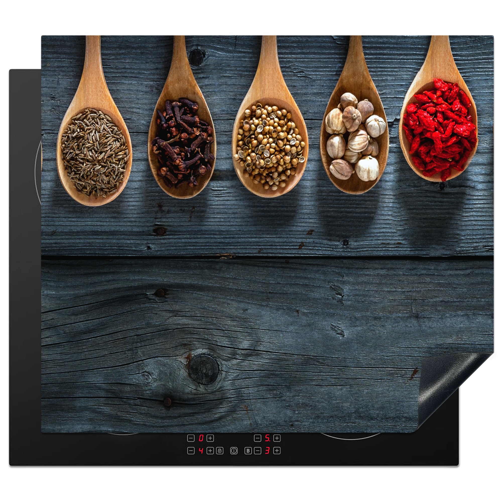 KitchenYeah© Induction Hob Protector Mat 20.3"x22.7" / 57.6x51.6 cm Stove Cap Top Cover Kitchen Cooker Covers for Electric Hobs Vinyl Herbs - Spoons - Wood - Kitchen - Spices - Industrial — image 1