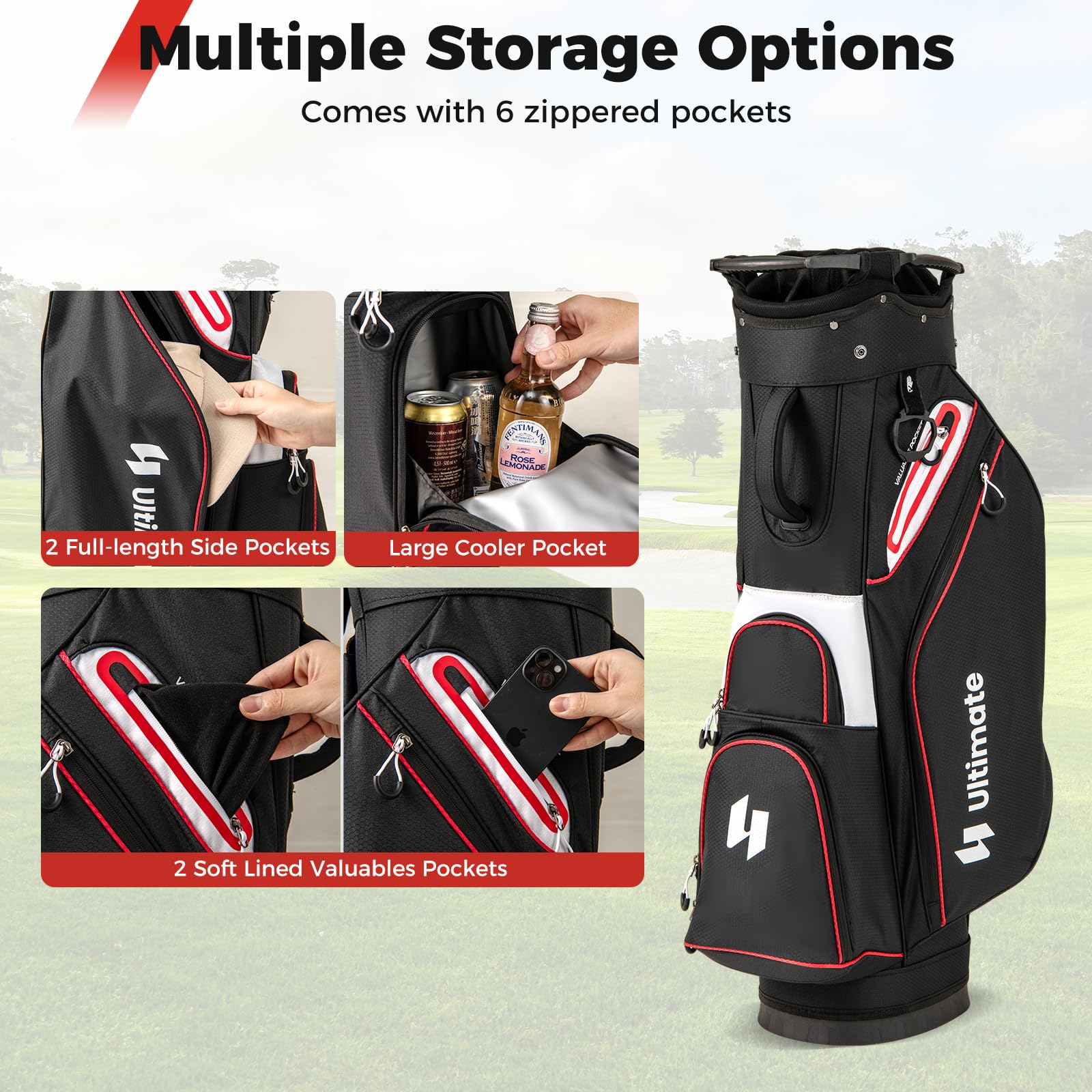 LIFEZEAL Golftasche, Golfbag tragbar mit 14 Fächern, 6 Taschen, Regenkapuze & Griffen, Golfwagentasche mit verstellbarem Schultergurt, Golf Cart Bag für Männer, Frauen