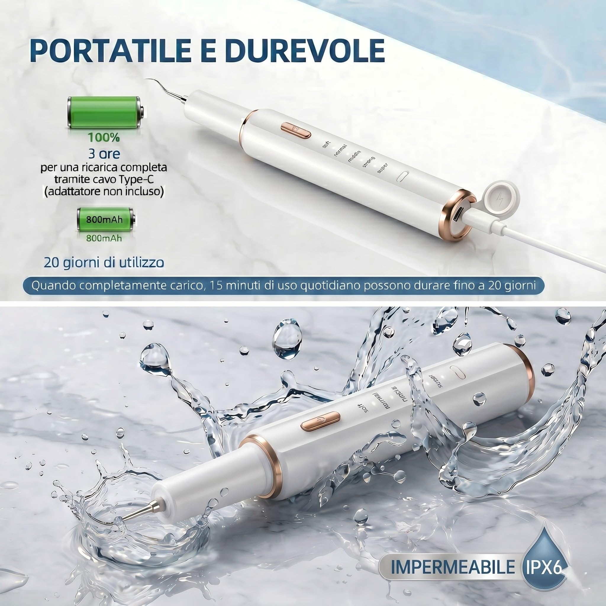Kit Pulizia Denti Tartaro，Spazzolino Elettrico Ultrasuoni Intelligente con 5 Modalità Per Rimozione Placca e Macchie con 5 Testine Intercambiabili e Luci LED per Pulizia Tartaro Uso Quotidiano a Casa