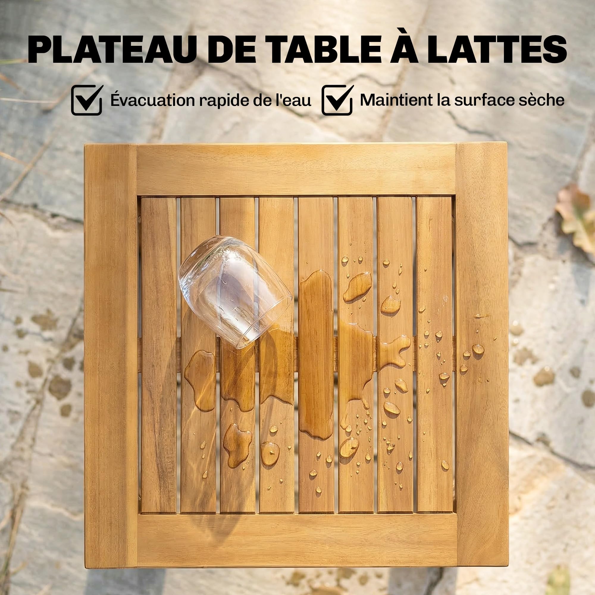 Outsunny Table Basse de Jardin Carrée en Bois d'Acacia Massif, Plateau à Lattes, Pieds Réglables, 48x48x46cm, Naturel