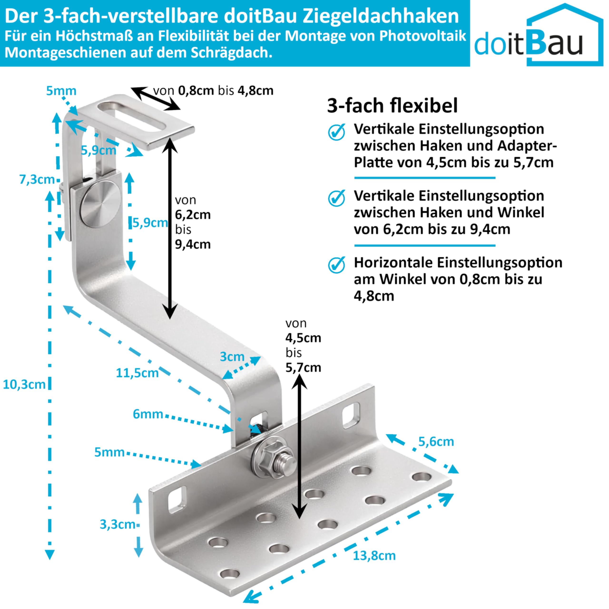 25x doitBau Solar Dachhaken für Ziegeldach PV Montageschiene Photovoltaik Modul Schrägdach Profil Montage Pfanne Ton Keramik Beton Befestigungshaken Edelstahl Pfannendach Unterkonstruktion Solarmodul