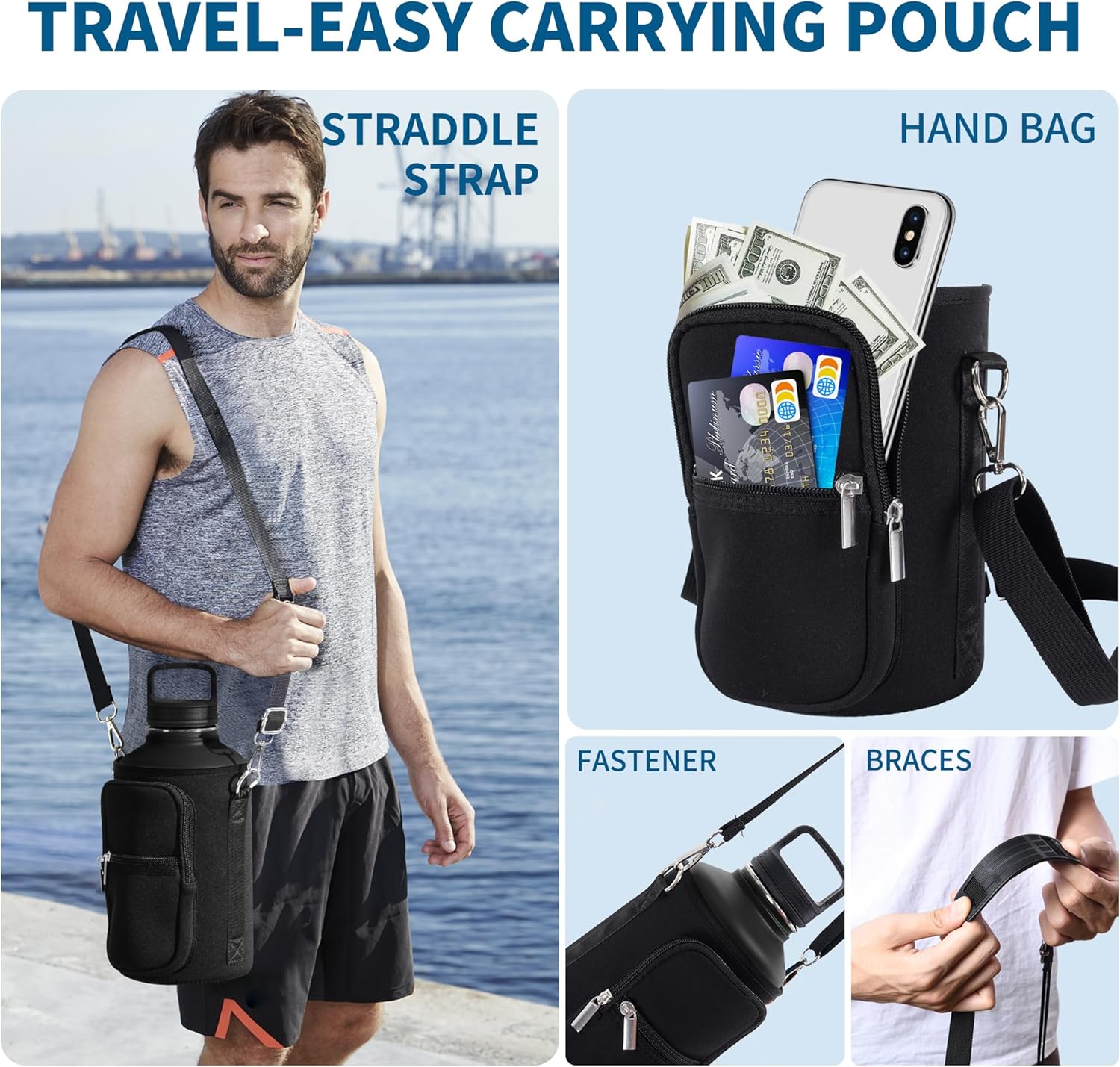 Half Gallon Water Bottle with Straw, 64 oz Water Bottle with Sleeve, Sports Insulated Large Water Jugs for Drinking, Stainless Steel Wide Mouth Water Flask for Gym Camping, Black and Gray - Image 6