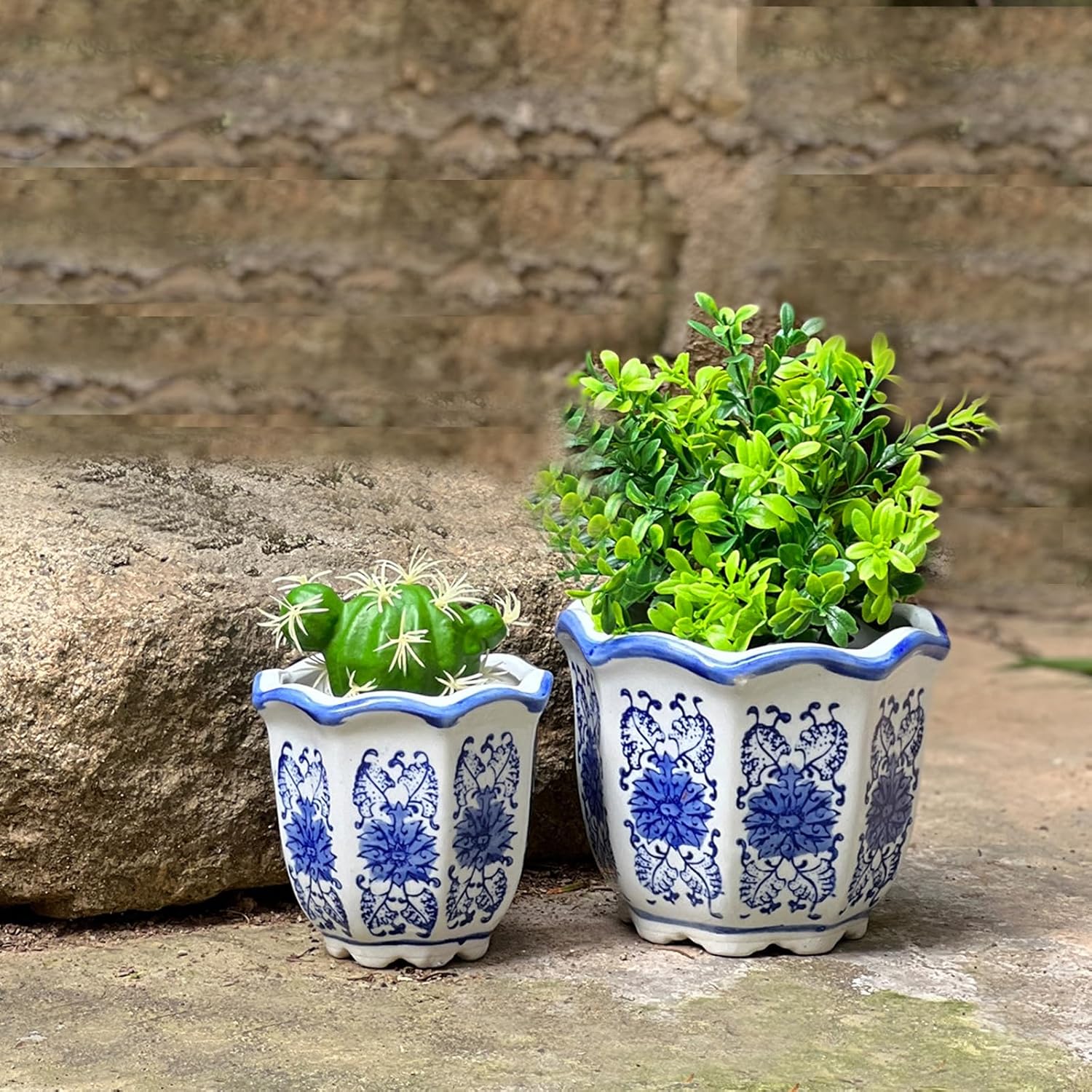 Ceramic Pots for Plants, Chinoiserie Décor Ceramic Flower Pots Planters for Indoor Plants with Drainage, Blue and White, Set of 3