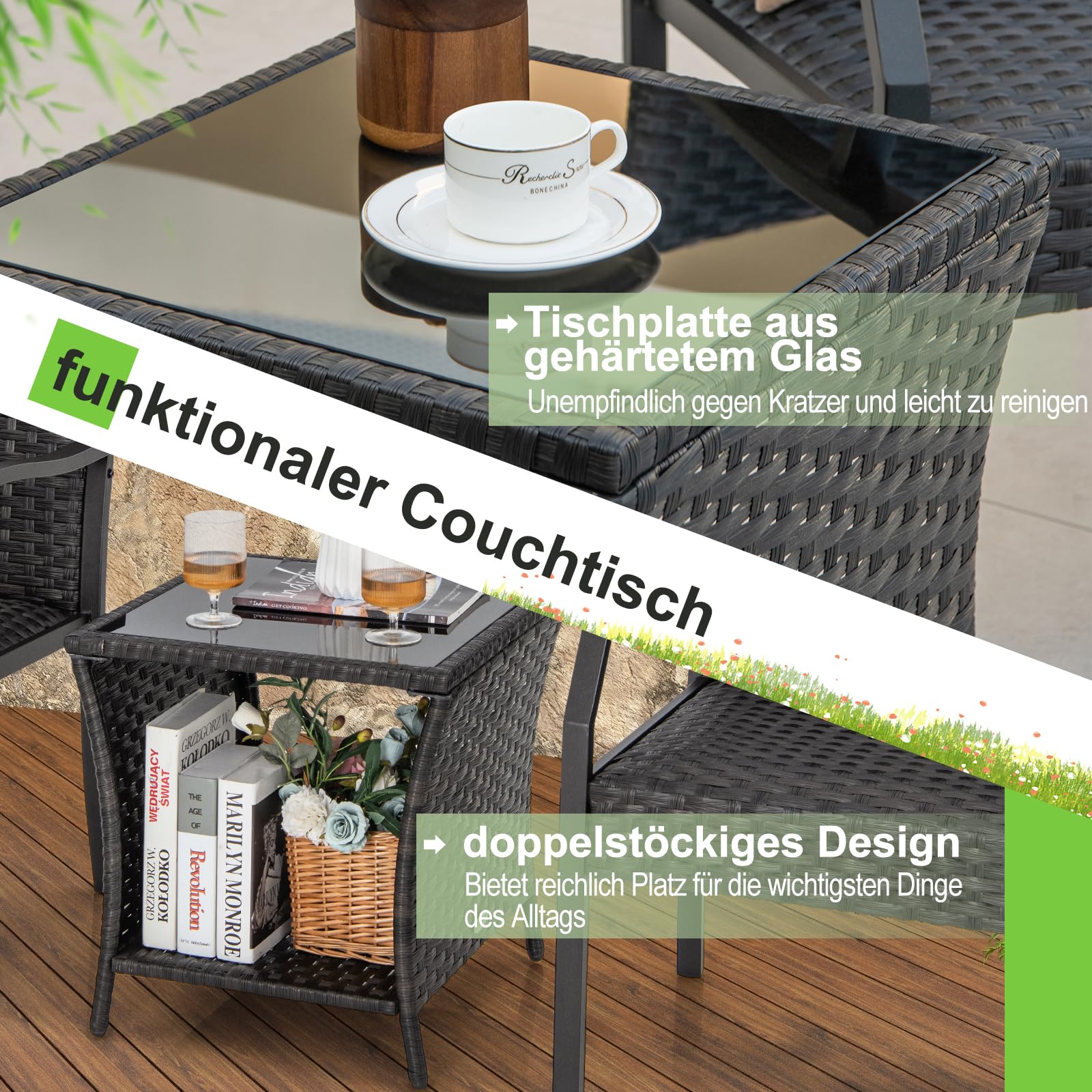 COSTWAY Rotan tuinmeubelset, balkonmeubels met 2 stoelen en