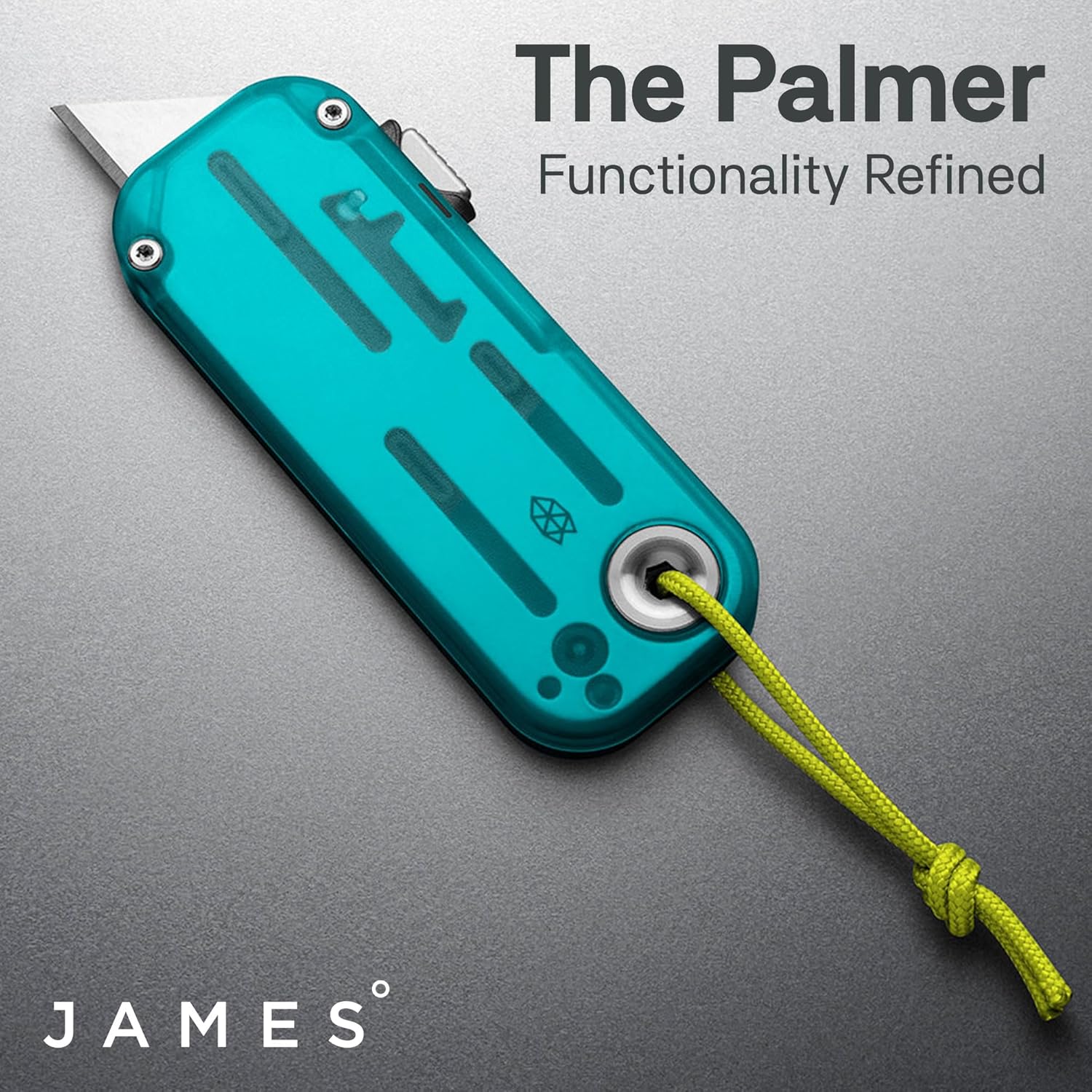 JAMES° The Palmer Clear Utility Knife, 100% Recycled PCTG Handles, Buttery Smooth Action, Refined Tool Free Blade Changes, Turquoise Grip