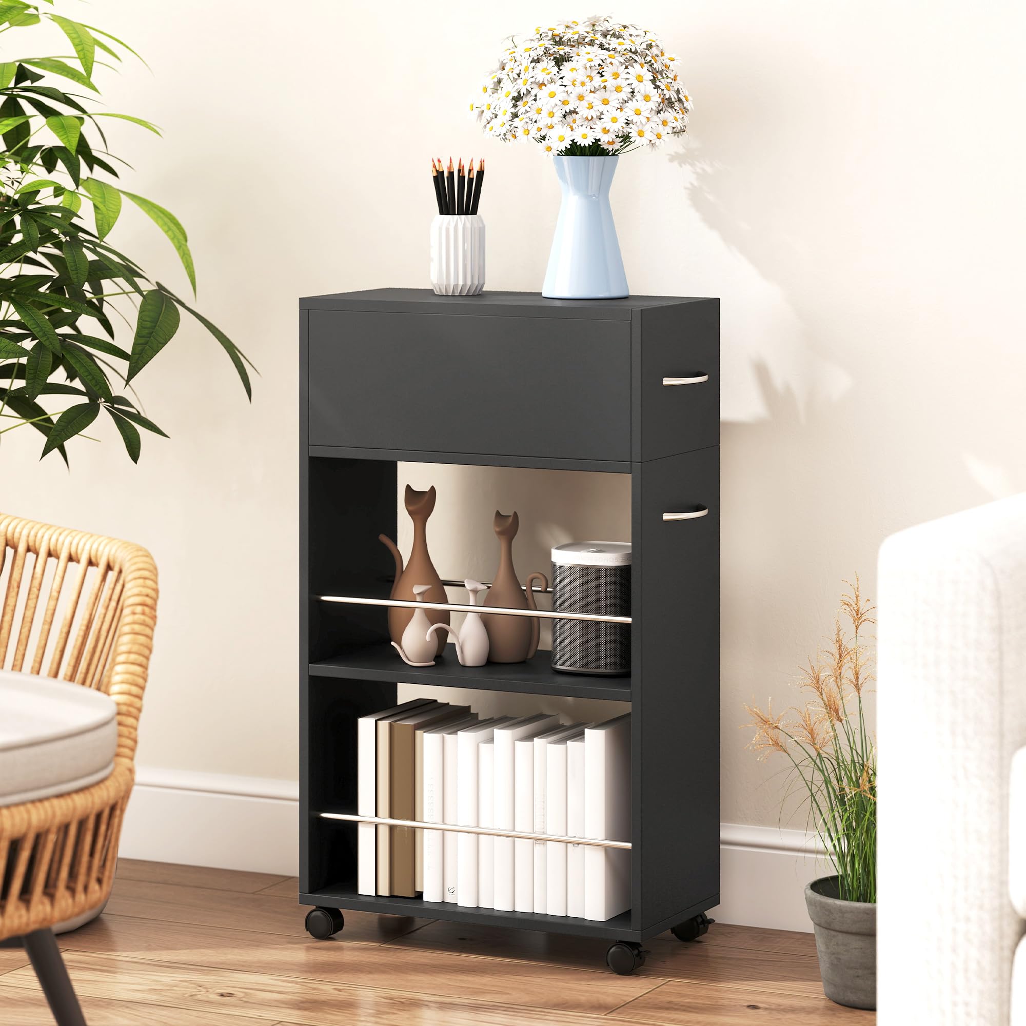 HOMCOM Chariot de Cuisine Desserte sur roulettes 25 x 50 x 85 cm Noir | 1 Tiroir, 2 Étagères Ouvertes, pour Salle à Manger, Salon, Salle de Bain, en Bois