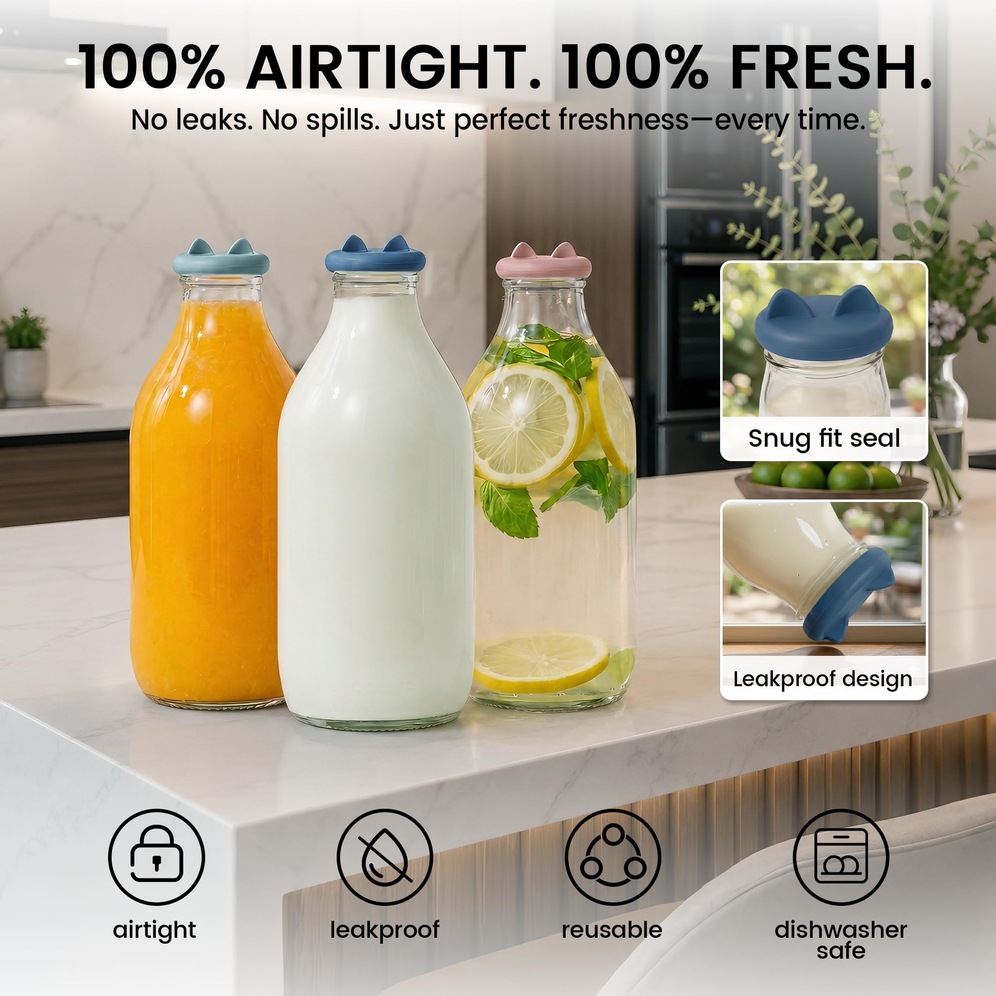 Milchflaschendeckel, wiederverwendbar, Silikon, gemischt, 3 Stück ohne Flasche, entworfen nur für die britische Milchglasflasche, Geschirrspüler, 100% auslaufsicher, mehrfarbig