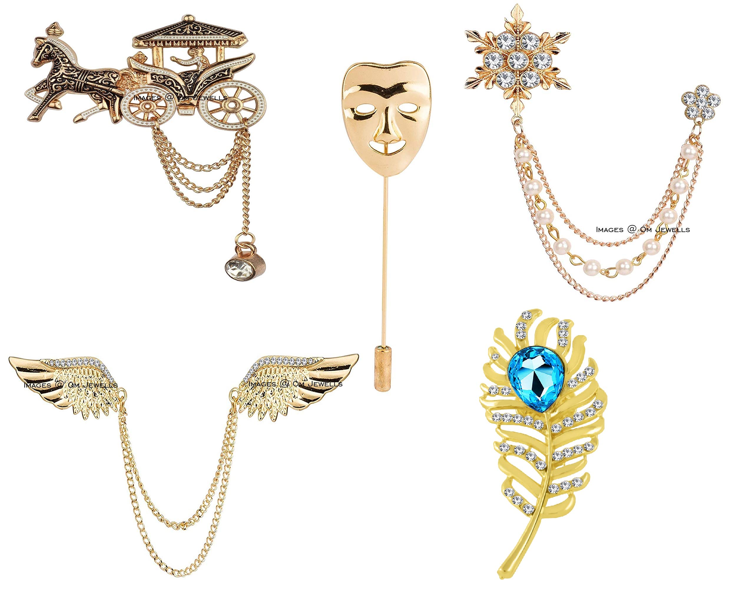 Men'S Indo Fashion Jewellery Combo Set Of 5 Lapel Pin Brooch Emblished With White And Blue Crystal Stones For Boys And Men CO1000308