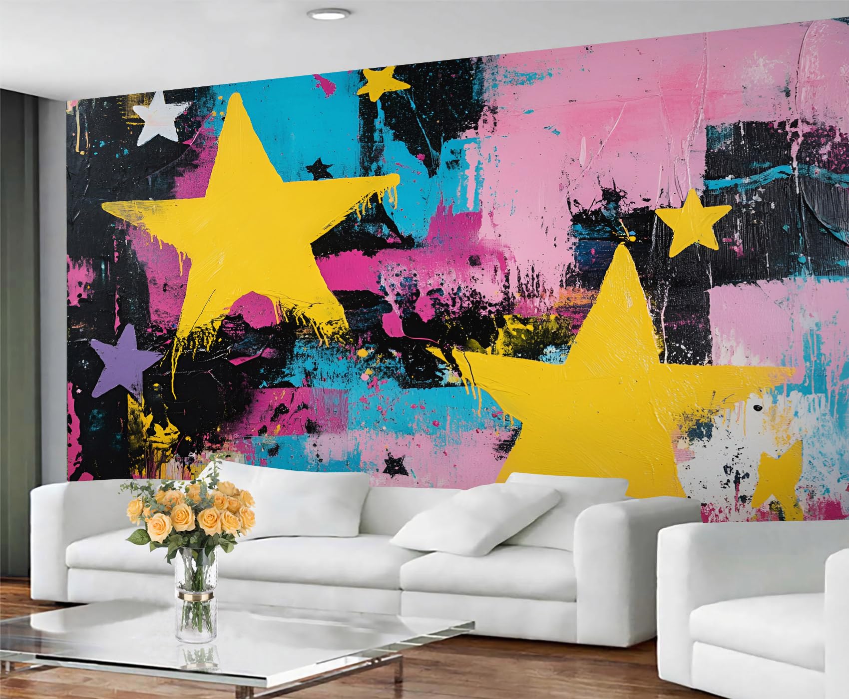 GIVLWF Wallpaper Graffiti Bedroom Wallpaper Murals, Yellow Stars Wall Paper for Living Room, Large Mural & Room Decor, Street Graffiti Wall Paper - Not Self Adhesive โ image 1