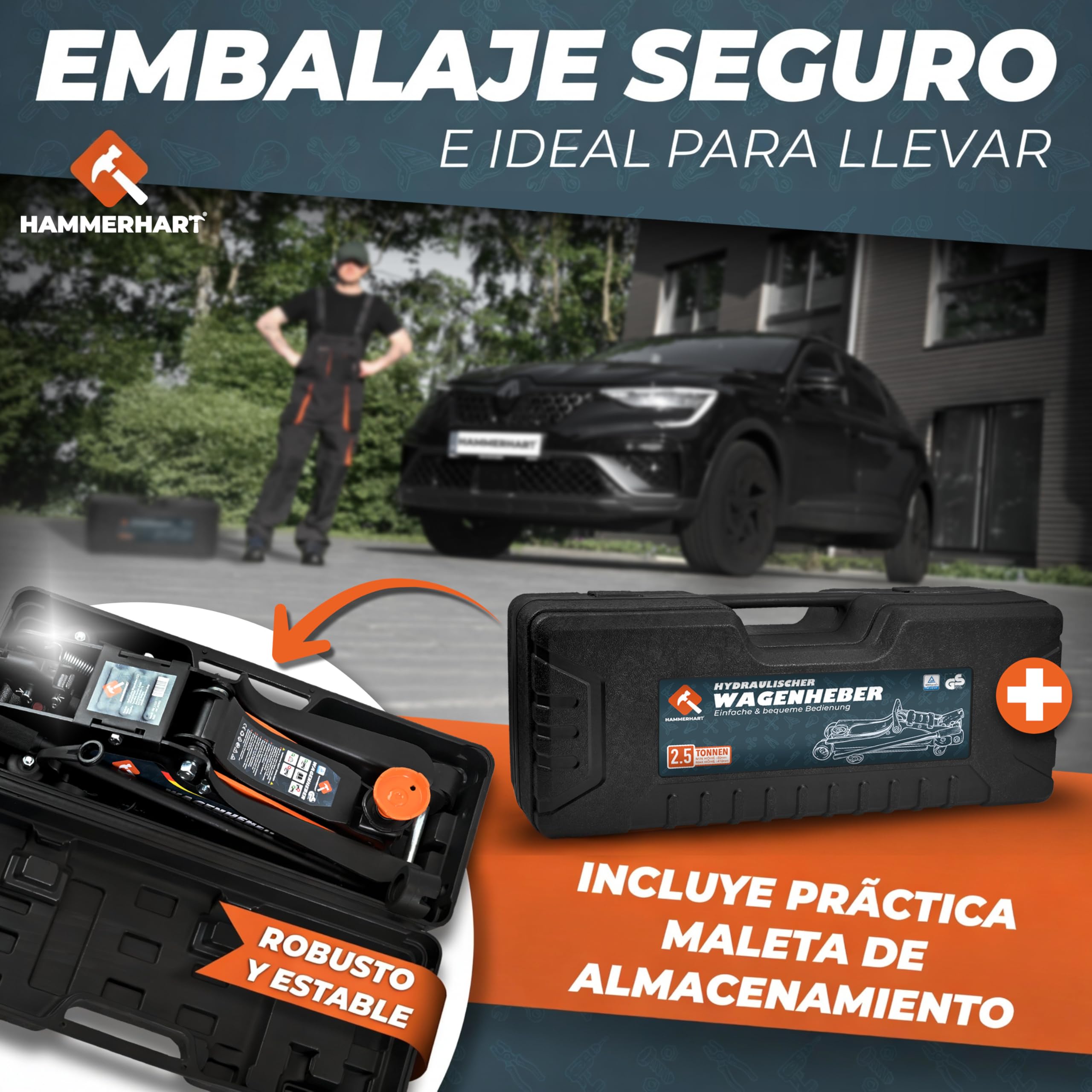Gato hidraulico para coche 2,5 T | Gato coche maniobra premium homologado TÜV Altura de elevación 85-384 mm | Gato hidráulico plano con ruedas de 360° y pistón doble - Gato de 2,5 toneladas con almoha