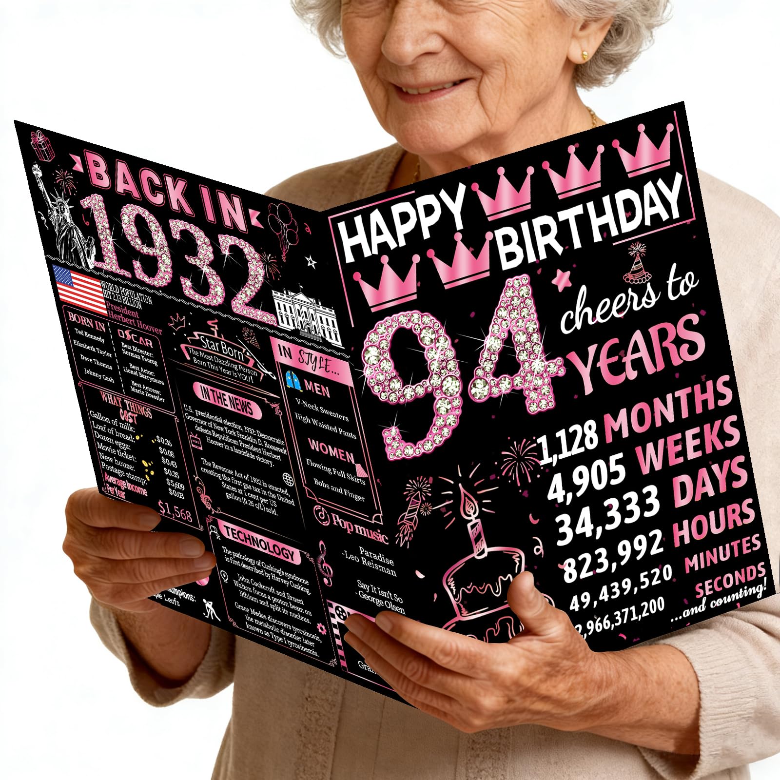 Joycard 94th Jumbo Birthday Card with Envelope, 94th Birthday Decorations for Women, 94th Birthday Gifts for Grandma, Happy Birthday Cards for 94 Year Old Mother, Back in 1932