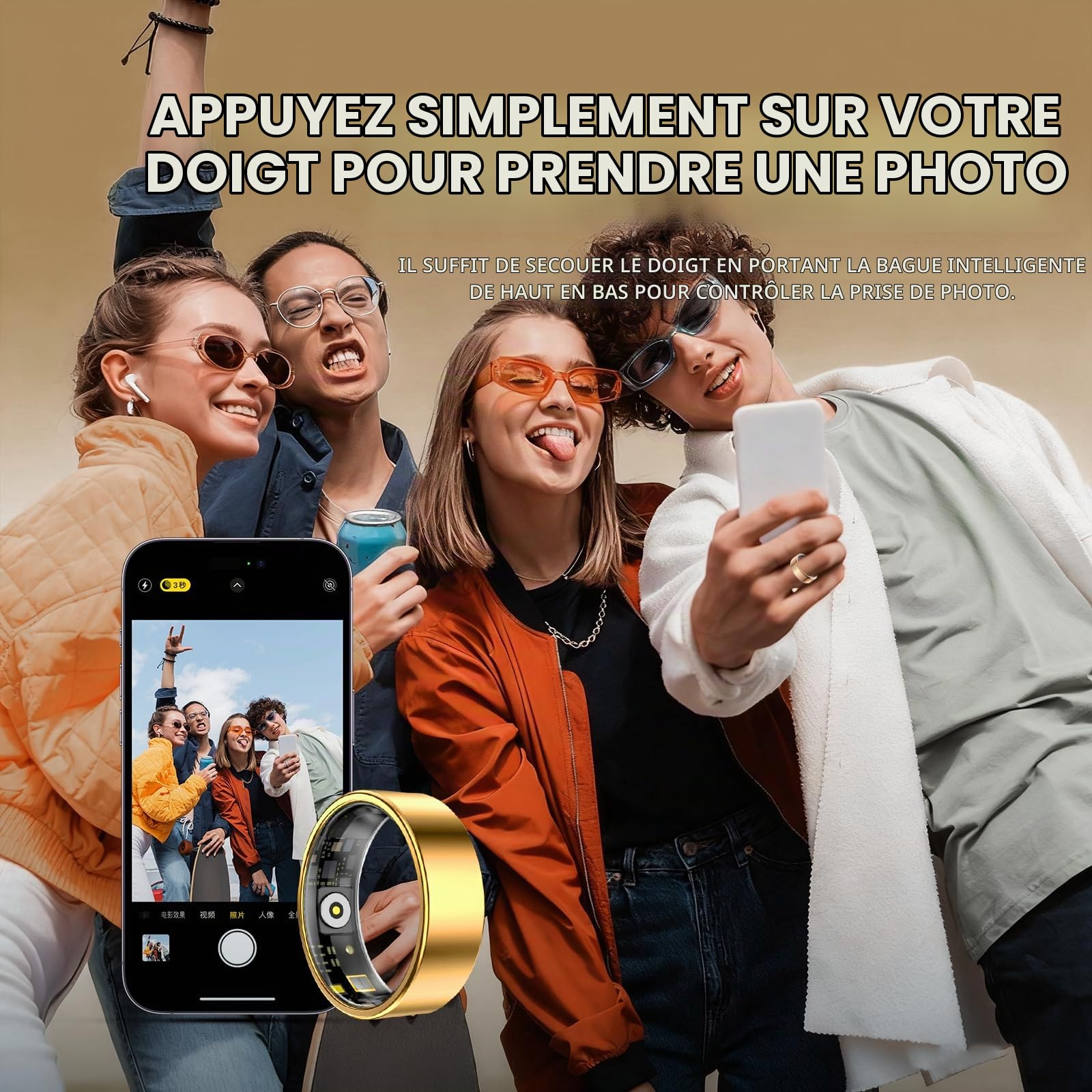 Bague Connectée Smart Ring pour Femme et Homme, Tracker Fitness avec Moniteur Fréquence Cardiaque, Sommeil, 100+ Sports, Podomètre, Étanche IP68, Sans Abonnement pour iOS and Android (Doré, 8)