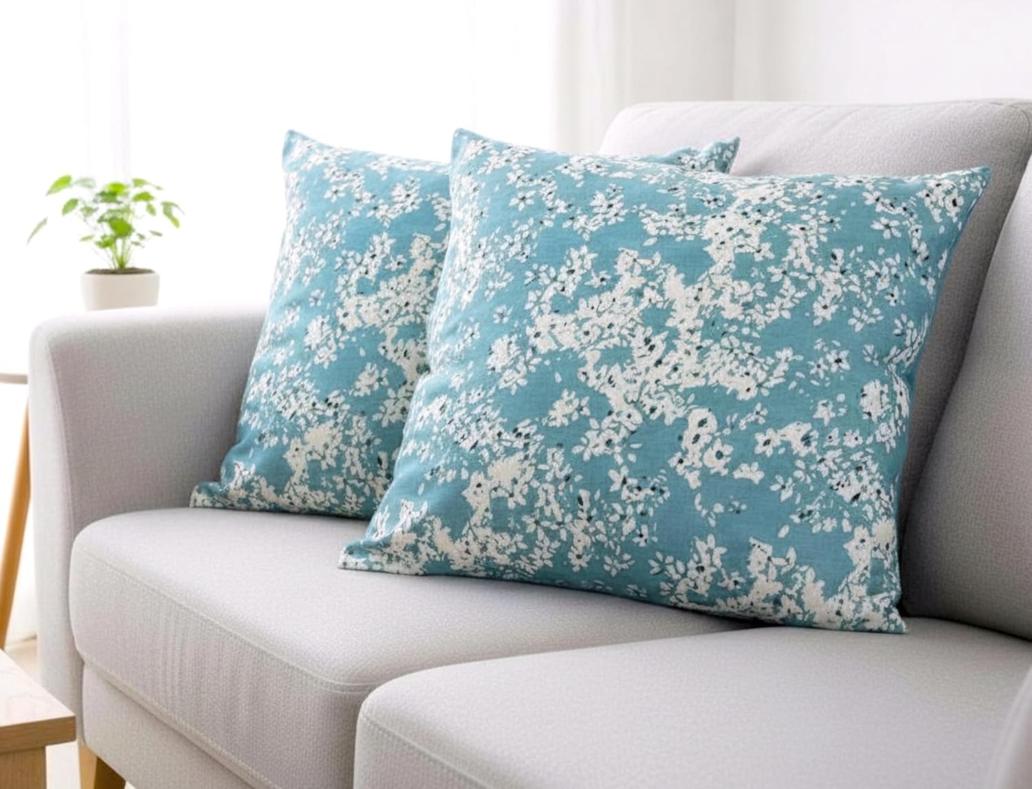 Aiking Printed Floral Euro Shams 26x26 inch Set of 2 Blooms Aqua Decorative Farmhouse Accent Textured Pillow Covers, Reverse to Solid Color for Elegant Home Decor