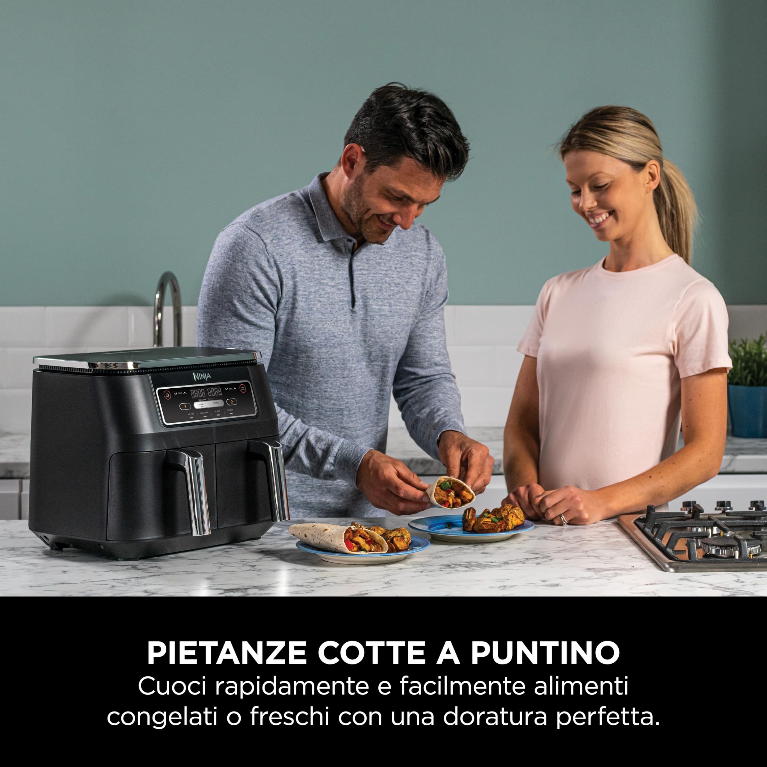 Ninja Foodi Dual Zone, Friggitrice ad Aria, 7,6L, 2 Cassetti, Nero, AF200EU | 4 in 1, 2 Cestelli Antiaderenti, Massima Croccantezza, Cottura Arrosto e Riscaldamento, Lavabile in Lavastoviglie