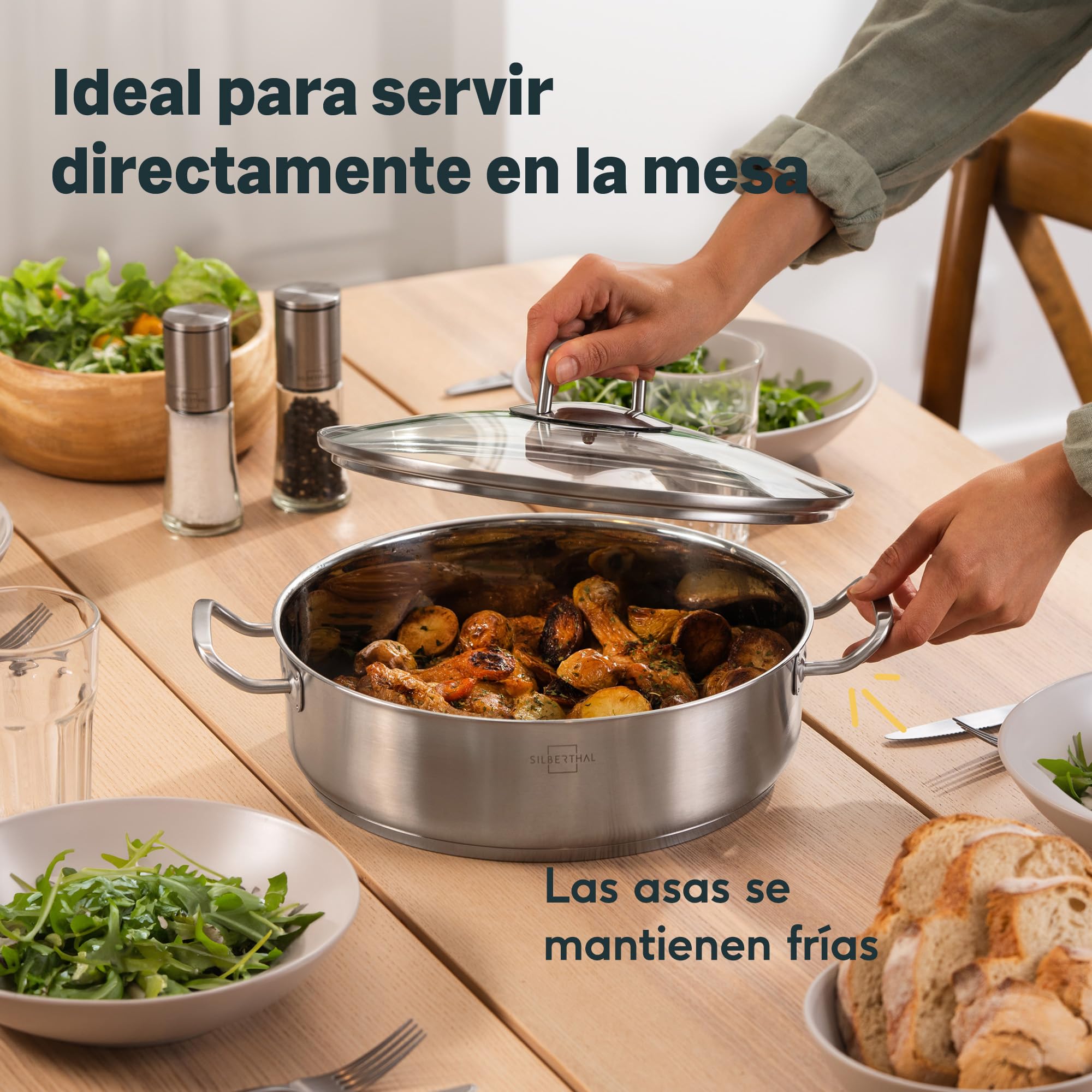 SILBERTHAL Cacerola baja 28 cm inox - Inducción gas y horno, con tapa | Rustidera acero inoxidable sin PFOA y PFOS - Cazuela con tapa de cristal - Sin antiadherente - Gran capacidad