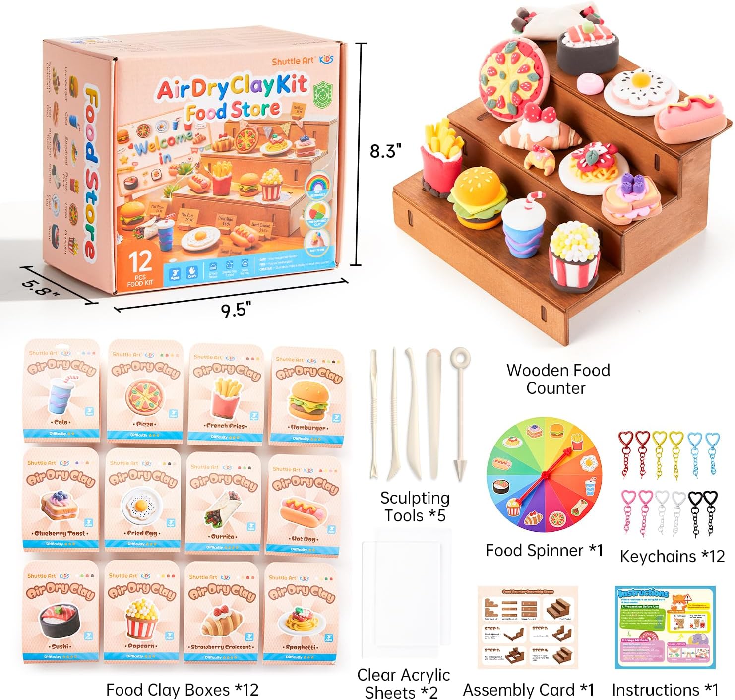 Shuttle Art Air Dry Clay for Kids - Food Store, 33 PCS Modeling Clay Kit with Sculpting Tools and Tutorials, Safe & Non-Sticky, Craft Gifts for Boys & Girls