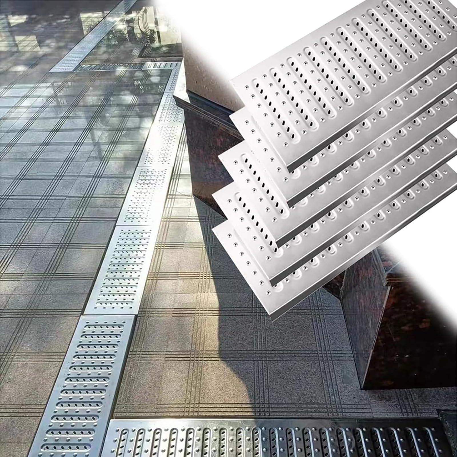 Sitko do rynny ze stali nierdzewnej – 5-częściowy zestaw prostokątnych osłon rynny dachowej (20 x 58 cm) z otworami odpływowymi do garażu i tarasu do zarządzania wodą deszczową na zewnątrz