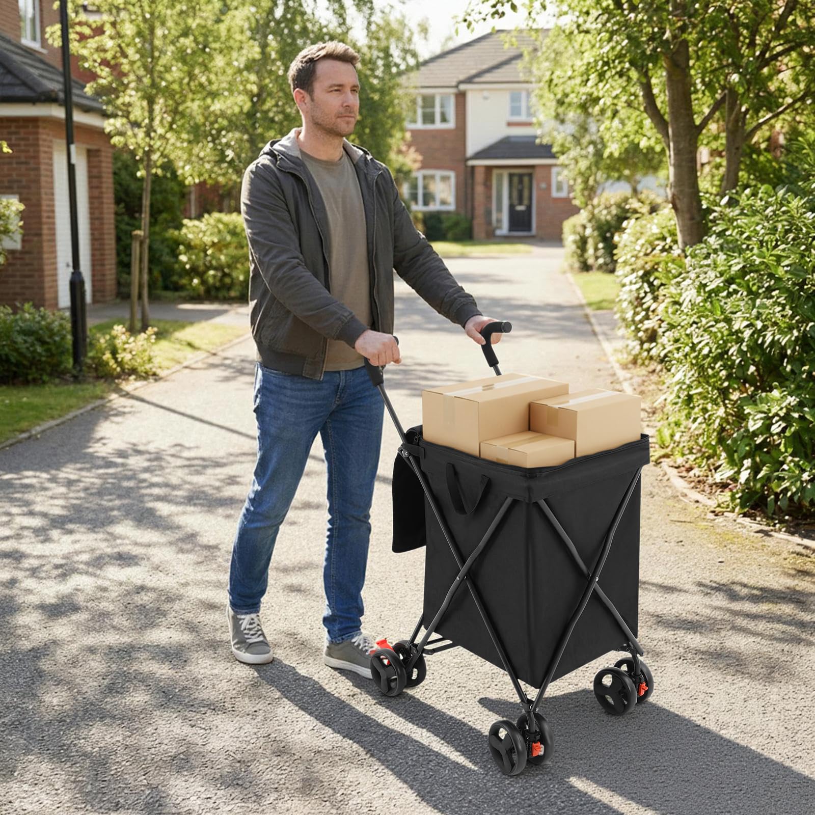 Einkaufstrolley, Faltbarer Einkaufskorb mit 4 Rollen, Einkaufskorb mit Fußbremse, Tragfähigkeit bis 70 kg, Modernes Design (Schwarz)