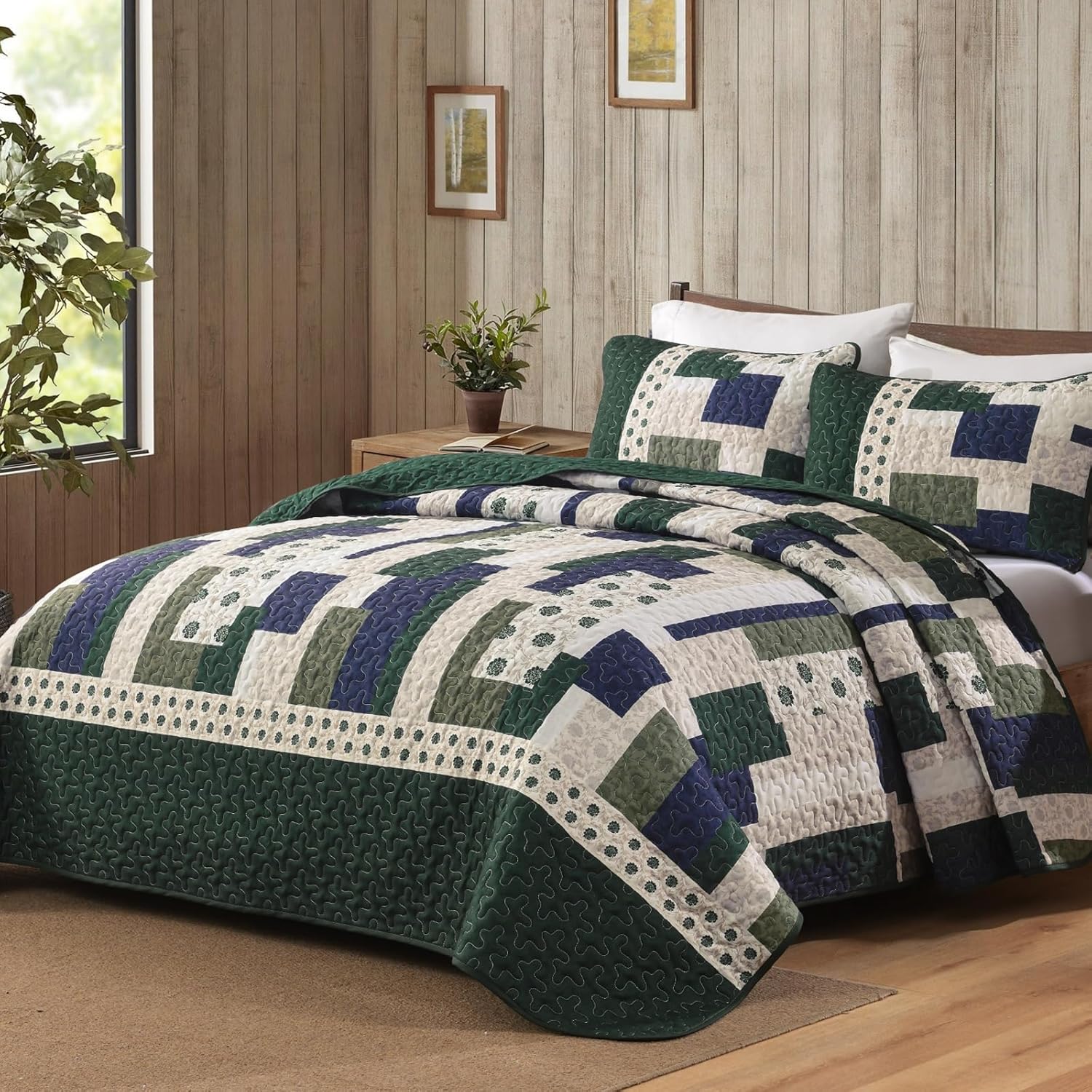Yiran Olive Green King Quilt Set, Lightweight Patchwork Bedspreads Bedding Set, Farmhouse Coverlet Set with 2 Shams for All Seasons