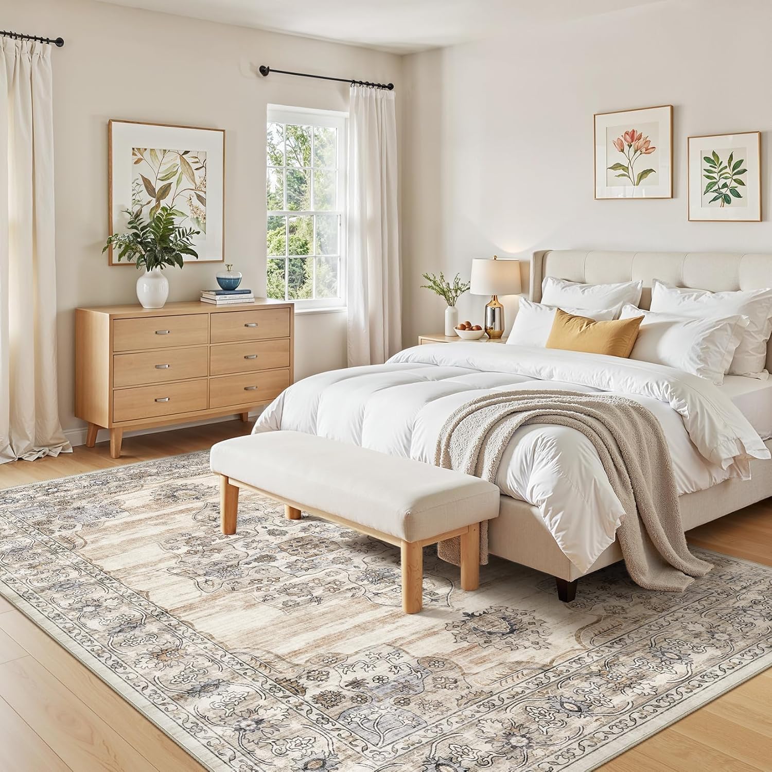 Washable 9x12 Area Rug for Living Room - Ultra Soft Vintage Carpet with Non-Slip Backing, Stain Resistant Low-Pile Indoor Rug for Bedroom & Home Office, Kid & Pet Friendly - Beige